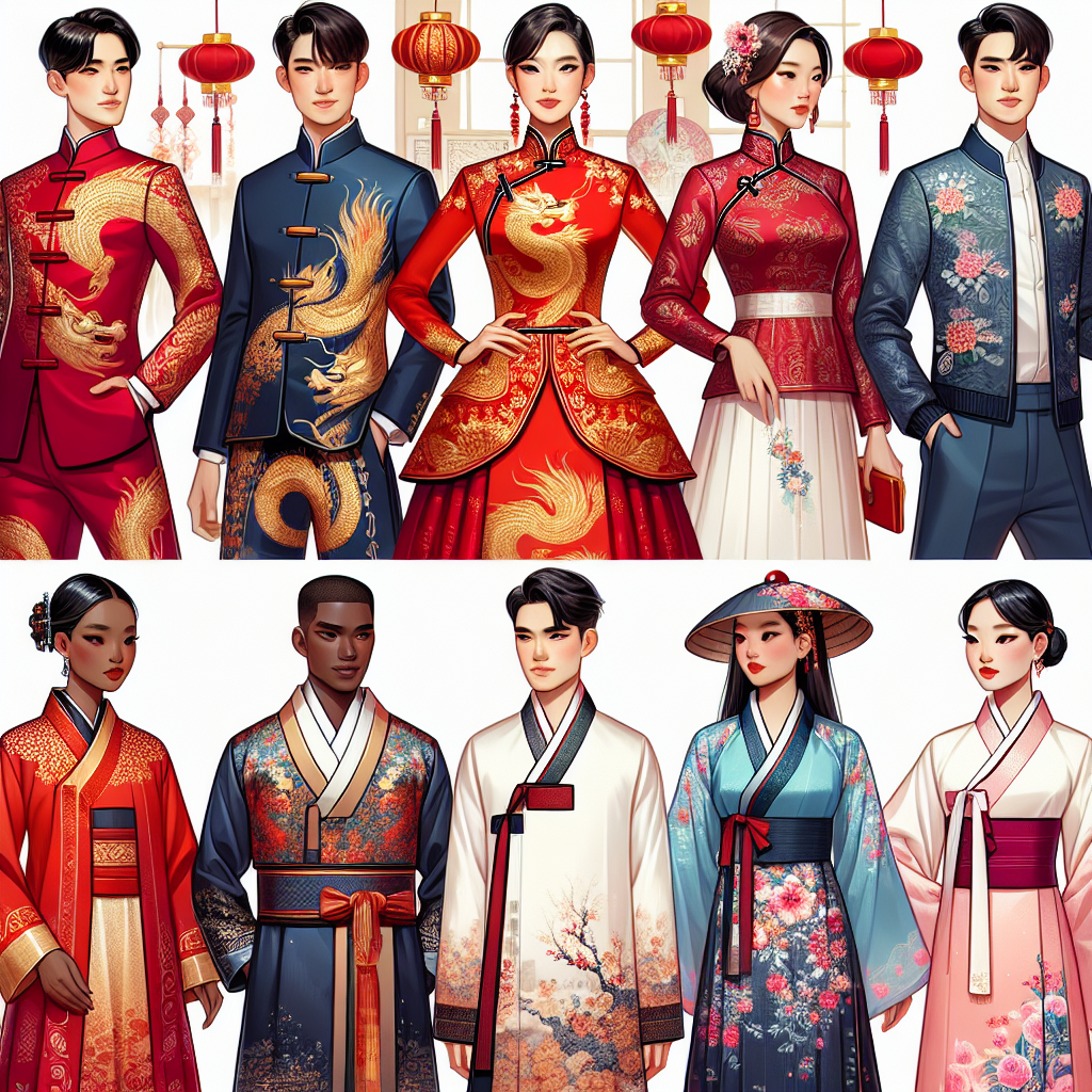 An informative guide on Lunar New Year attire options, targeted at fashionable individuals who appreciate effortless elegance. The image showcases a selection of stunning outfits that reflect both tradition and modern style. The display includes a vibrant red cheongsam, exquisitely embroidered with golden dragons, worn by a stylish South Asian woman. A Korean hanbok in deep  blue hues and intricate patterns, sported by a dapper Middle Eastern man. An ao dai in pastel colors with elegant floral embellishments donned by a confident Black woman. All of them are presenting their clothes with poise, representing the spirit of the Lunar New Year.