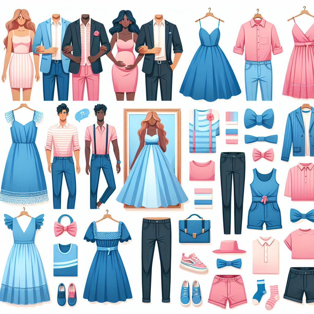 Must-Have Outfits for Gender Reveal Parties: Find Yours! A comprehensive fashion catalogue display featuring must-have outfits for gender reveal parties. Depict clothing in various styles and colors, typically seen in these events, such as blue or pink dresses, shirts, and accessories. Include both casual and formal attire suitable for men and women. Ensure to show diversity by including a Black woman in an elegant pink dress, a Caucasian man in a smart blue shirt, a South Asian woman in a playful blue outfit, and a Hispanic man in a casual pink polo. Complement these outfits with suitable accessories to help viewers find their perfect look.