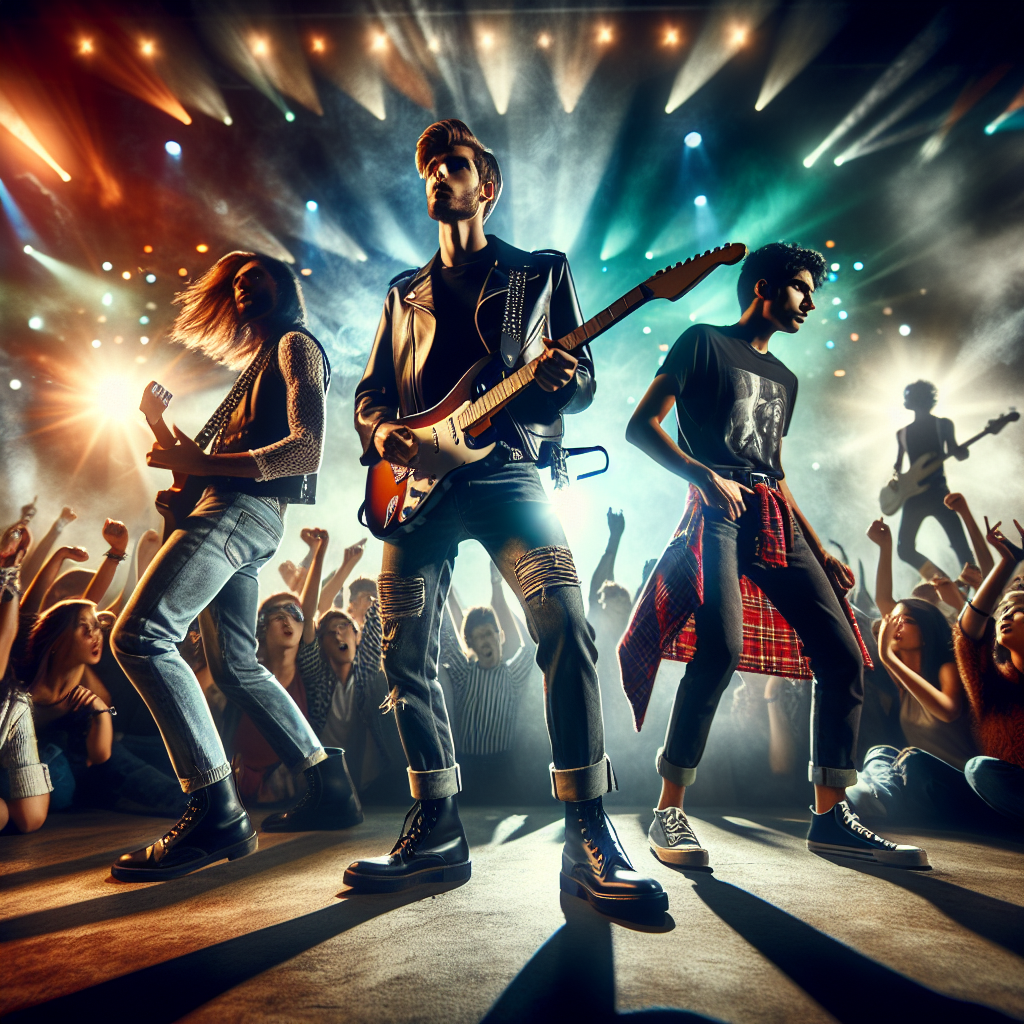Rock Concert Style Guide: Unleash Your Best Look Imagine an energetic scene from a rock concert. Guitarists rocking with their traditional high pitched guitars while the drummer keeps the rhythm in the background. A beautiful blend of colourful lights illuminates the scene. Among the crowd, there are fans expressing their sense of style. A Caucasian male in a classic black leather jacket, faded jeans, and combat boots. Another on his side, an Asian female wearing a band t-shirt, skinny black jeans and bold studded accessories. Meanwhile, a middle-Eastern individual is spotted sporting a stylish grunge look with flannel shirts tied around the waist, faded jeans and canvas sneakers. Surrounding them, people from different backgrounds and genders, each with their unique taste in rock concert attire, moving energetically to the rhythm of the music.