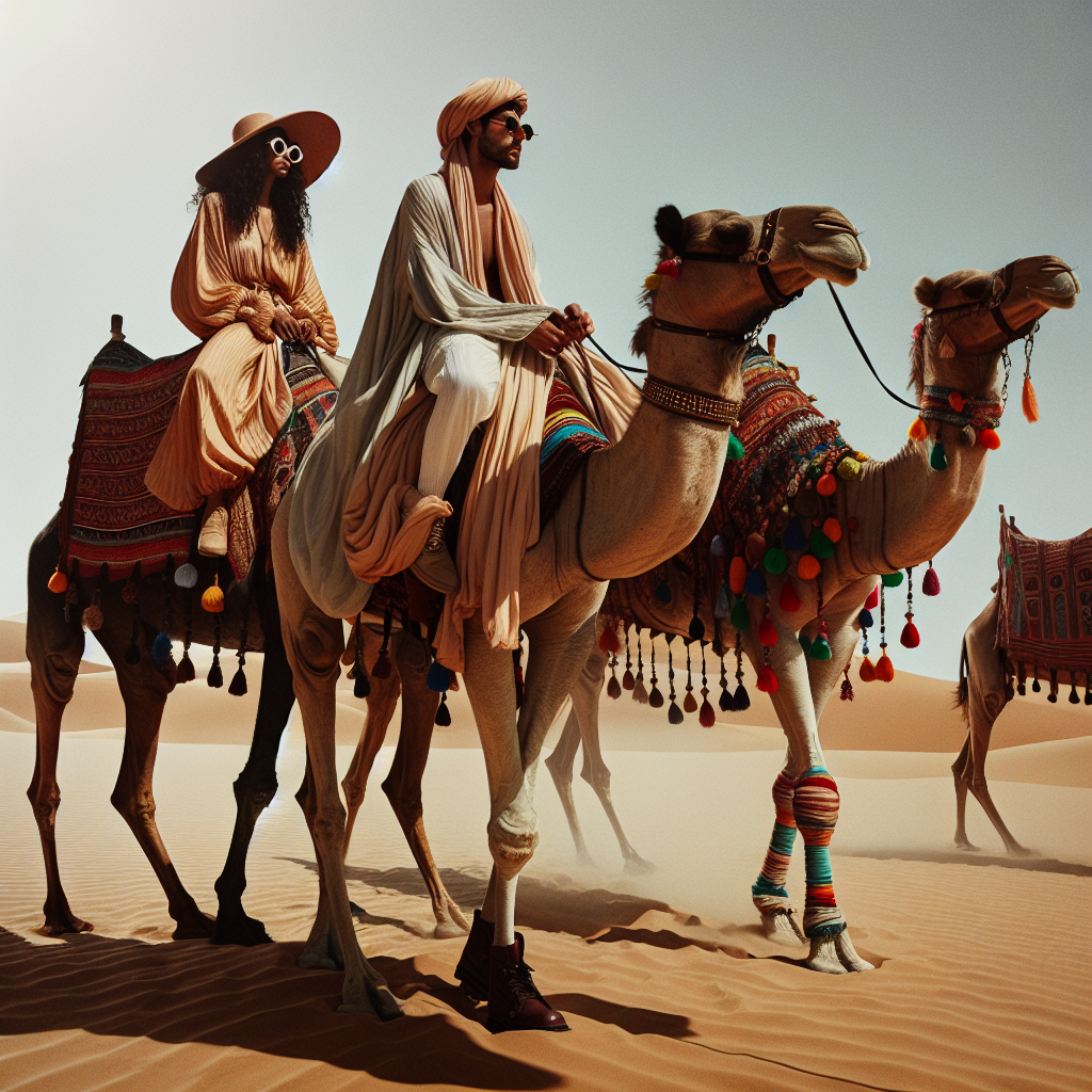 Imagine a scene set in the hot and sandy desert of Egypt where we witness two people atop camels. One individual, a Middle-Eastern man, is wearing a flowing wide-brimmed hat and a pair of wraparound sunglasses to shield the sharp desert sun. He is dressed in loose, flowing robes to keep cool, with colours in beige and white to reflect the heat. The other individual, a Black woman, is dressed in a body-cooling light-weight fabric kaftan in vibrant colours, paired with a brimmed sunhat, and a pair of dust goggles. They both wear sturdy boots to protect their feet from the sand. The camels beneath them are adorned in multi-coloured blankets and tassels. This attire captures the must-have styles for a camel ride in Egypt.