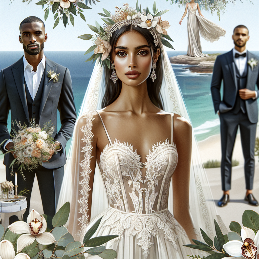 Must-Have Outfits for a Stunning Australian Wedding Visualize an outdoor wedding ceremony set against the backdrop of a serene Australian beach. The bride is an elegant Middle-Eastern woman, wearing a custom ivory wedding gown with intricate lace detailing, complementing her radiant beauty. The groom is a handsome Black man, dressed in a tailored navy-blue suit with an orchid boutonniere. Detailed attention is paid to the wedding guests, including a Caucasian woman in a stunning cocktail dress and a South Asian man in a tasteful evening suit. Include elements of Australia's exotic flora reflected in the decorations, with lush green eucalyptus leaves and bright protea flowers.