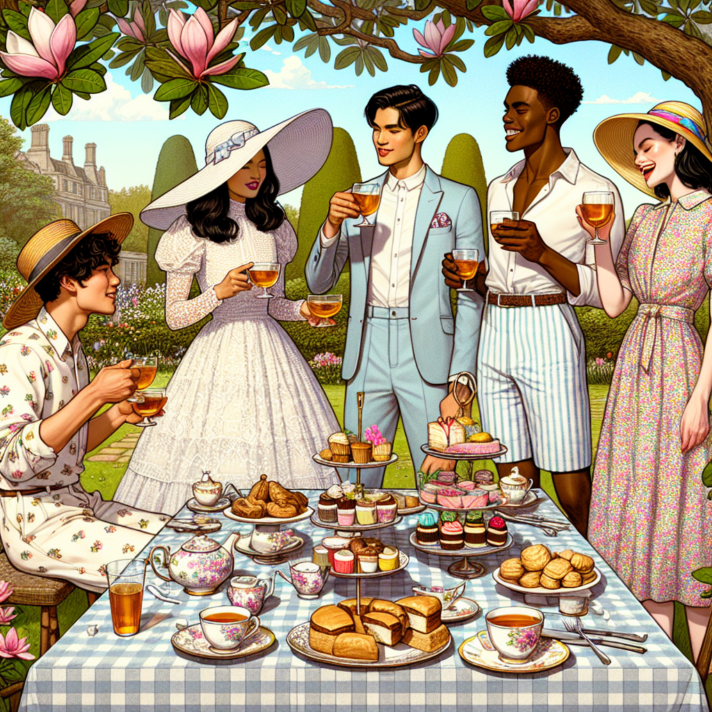 Must-Have Styles for Your Next Tea Party: Find the Perfect Look Illustrate an engaging scene of a diverse garden tea party. Picture a South Asian woman in a romantic white lace dress, sipping on a cup of tea under a large magnolia tree. Beside her, a Middle Eastern man in a smart pastel seersucker suit toast with a goblet of sweet iced tea. A few meters apart, an African American elderly lady dressed in a floral print midi dress with a large sunhat, laughing with a Hispanic young man sporting a casual linen shirt and shorts ensemble. The spread includes a mixture of delicate porcelain teaware, an array of colorful finger sandwiches, sweet scones, and decorated cupcakes neatly arranged on the checkered tablecloth.