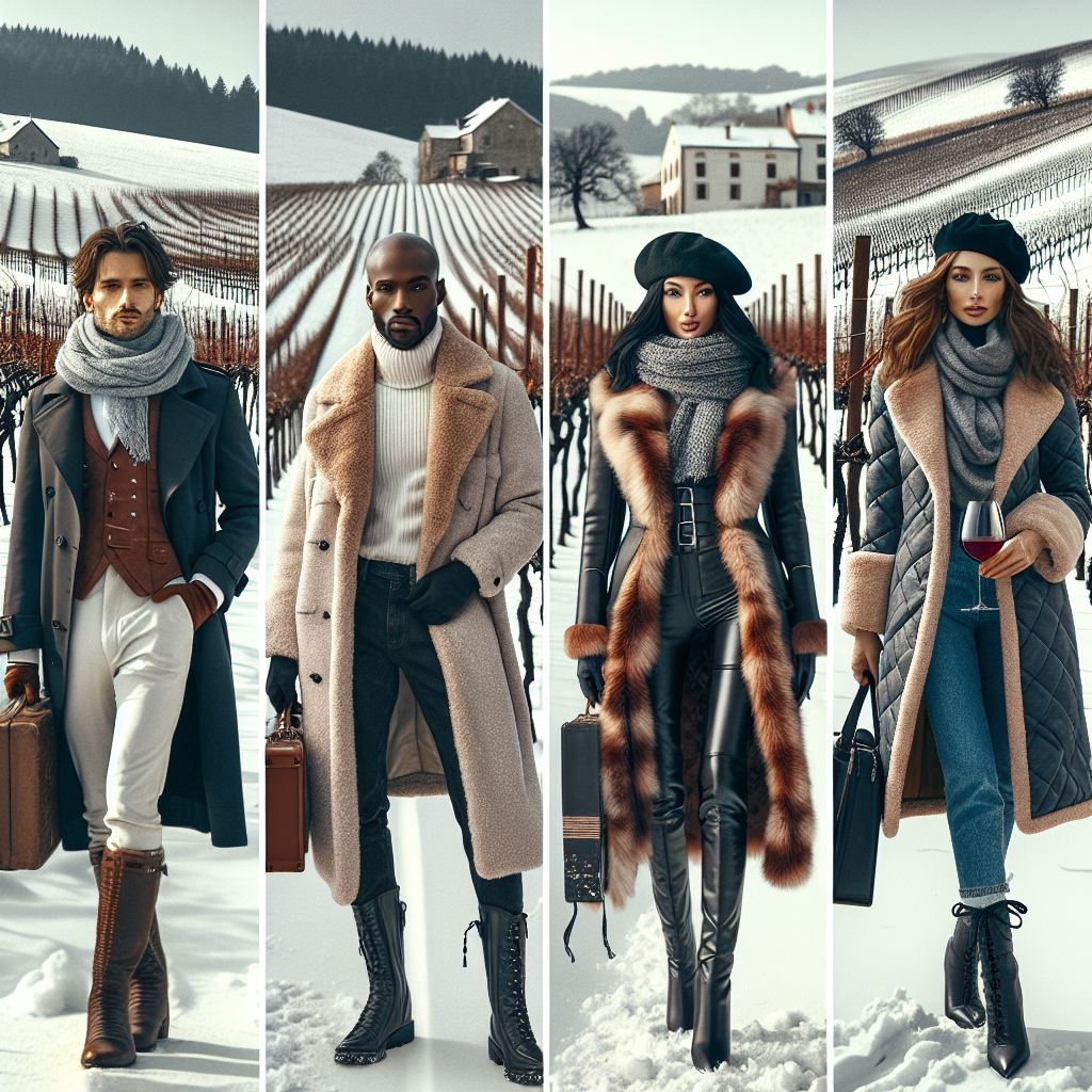 Must-Have Winter Wine Tasting Outfits Revealed Imagine a snowy vineyard stretching into the horizon, white caps on the rolling hills dotted with bare, spindly grapevines. In the foreground are four people of different descents (Caucasian, Hispanic, Black, and Middle-Eastern), each showcasing different must-have winter wine tasting outfits, each individual's attire reflecting their personality and warmth against the chilly surroundings. The first person is wearing a knee-length trench coat, a scarf, and leather gloves. The second person is flaunting a stylish faux fur jacket with high boots. The third individual is donning an elegant woolen coat with a beret, and the last one is in a quilted parka and knitted beanie.