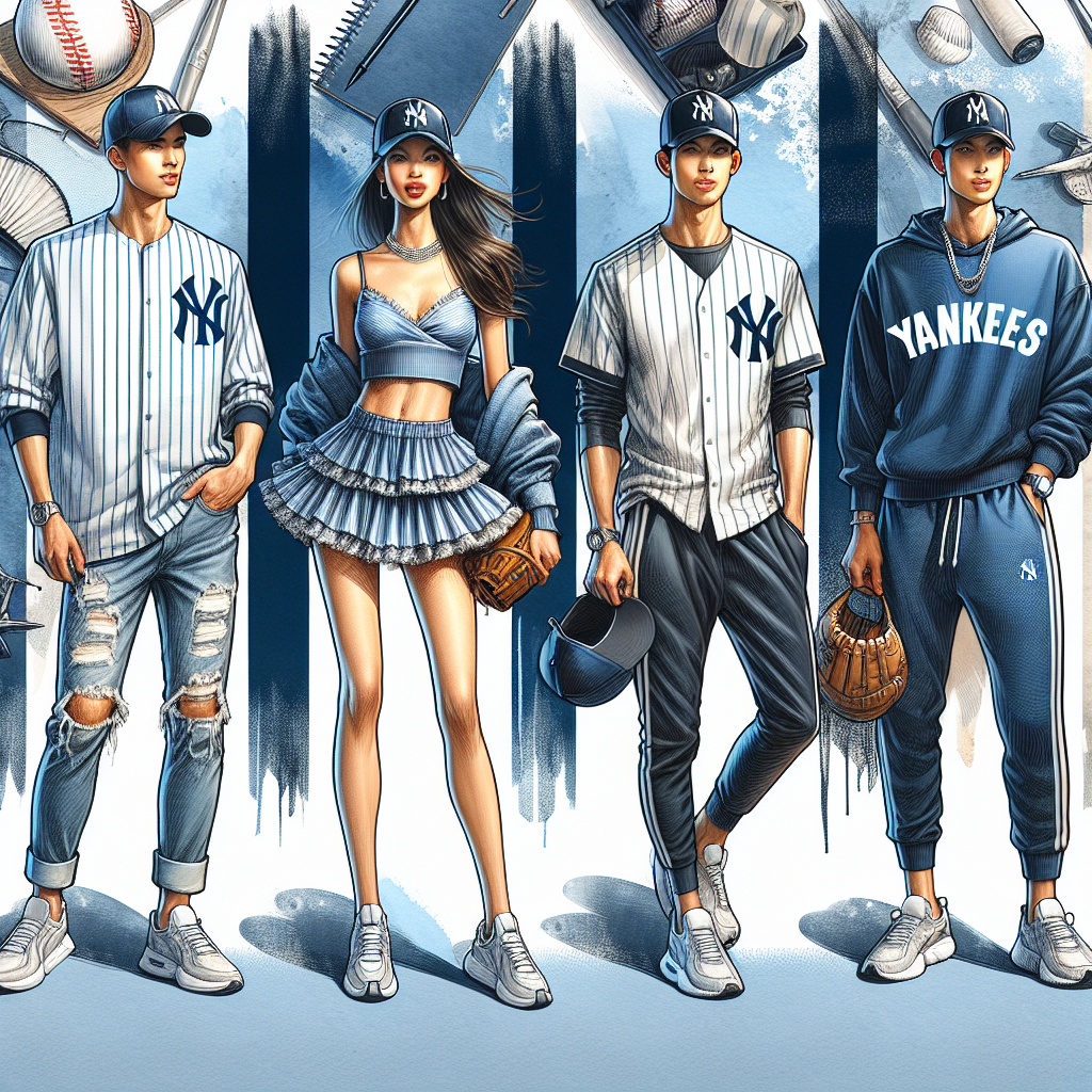 Stunning Outfits for a Yankees Game: Score Big Style! Create a detailed illustration showcasing a variety of fashionable outfit ideas suitable for a Yankees game. Include in the image four distinct outfits: a casual ensemble for a man of Caucasian descent with a baseball cap, jeans, and a team jersey; a hip and trendy outfit for an Asian woman comprising of a team cap combined with a chic summer dress; an athletic style for a Black man characterized by a Yankees' sweatshirt, track pants, and sneakers; and a comfy yet stylish attire for a Middle-Eastern woman featuring a team T-shirt paired with relaxed fit pants. Embed the feel of the excitement of a baseball game, with streaks of the team colors, blue and white, in the backdrop.