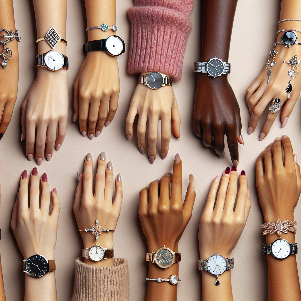 Create an image of a selection of elegant wrist watches for women, displayed gracefully on various wrists. Picture hands of different descents like Caucasian, Black, Middle-Eastern, Hispanic, and South Asian delicately showing off watches with varying designs, fulfilling a range of tastes from minimalist to ornate jewel-encrusted. Imagine the hands positioned in such a way as to suggest the comfort and style of wearing the watches on either the left or right hand.