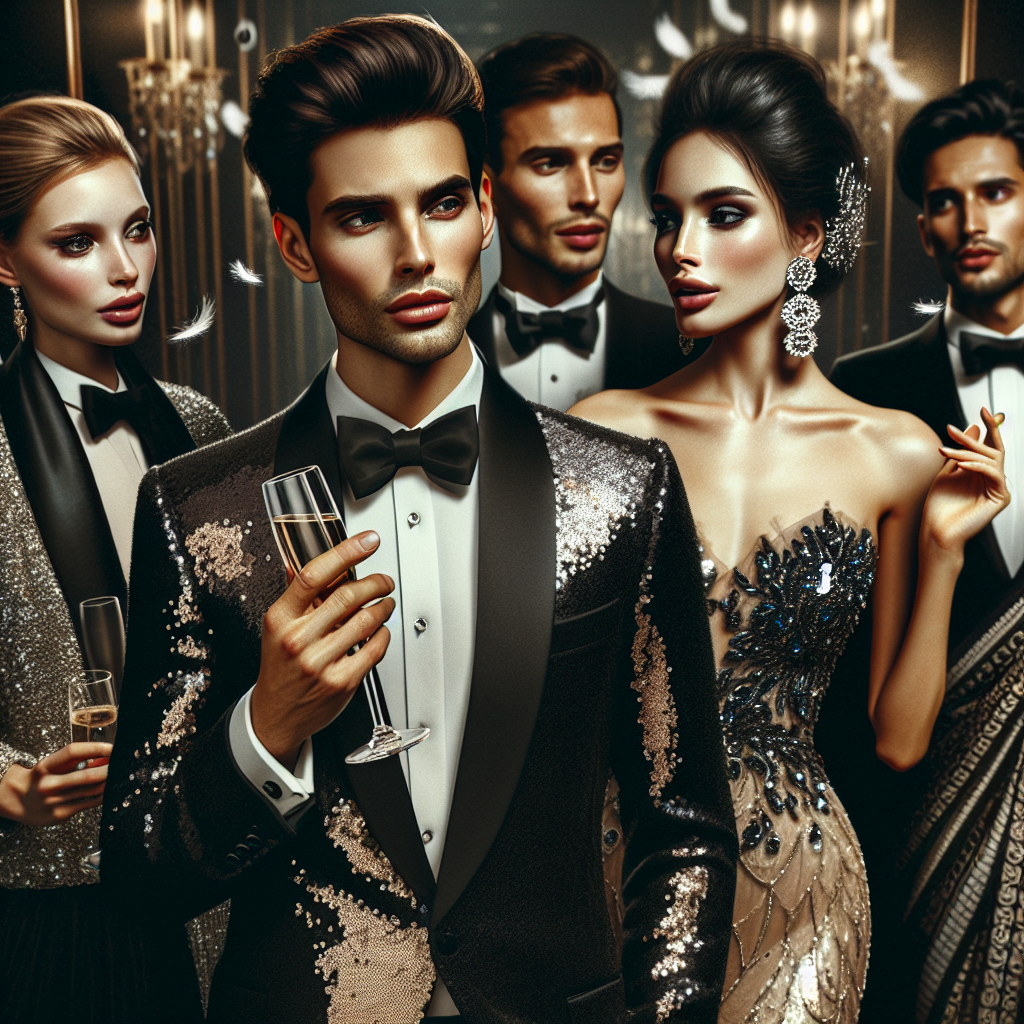 Imagine a high-fashion scene featuring glamorous individuals in black tie attire. A Caucasian woman can be seen wearing a stunning sequin full-length gown, her hair styled in an elegant updo and her makeup tastefully applied. A Hispanic man nearby is in a classic black tuxedo, his shirt impeccably pressed and tie perfectly knotted. A South Asian woman in a beautifully intricate sari and a Middle-Eastern man in a sleek, modern tuxedo are discussing animatedly. Note splashes of luxurious accessories, posh champagne glasses in hands, and the overall opulent ambiance of the scene.