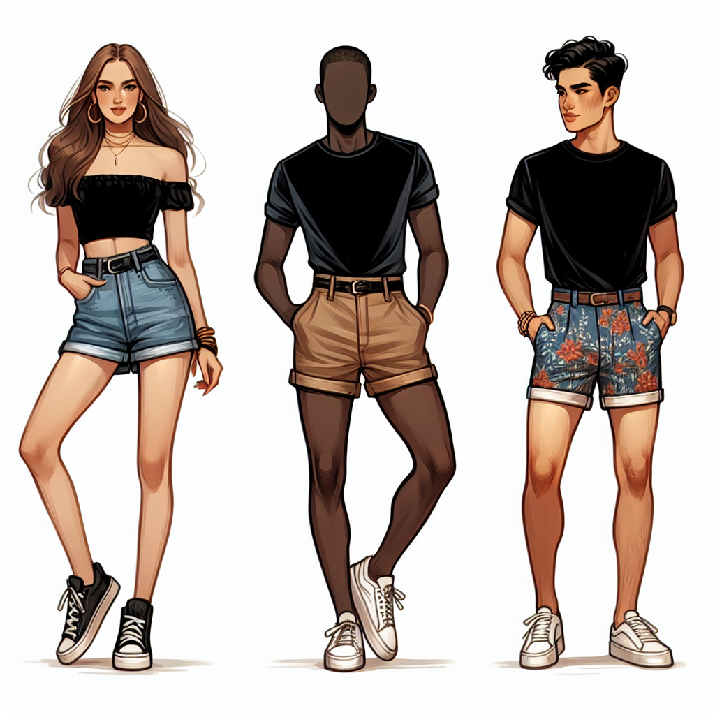 A fashion-inspired image showing three individuals with different descents and genders donning a variety of stylish shorts paired with black shirts. The first person, a Black woman, is wearing denim shorts. The second person, a Middle-Eastern man, is in khaki shorts. The third person, a South Asian non-binary individual, sports patterned shorts. Each individual should have their unique fashion accessories and the overall image should evoke a summery, vibrant mood.