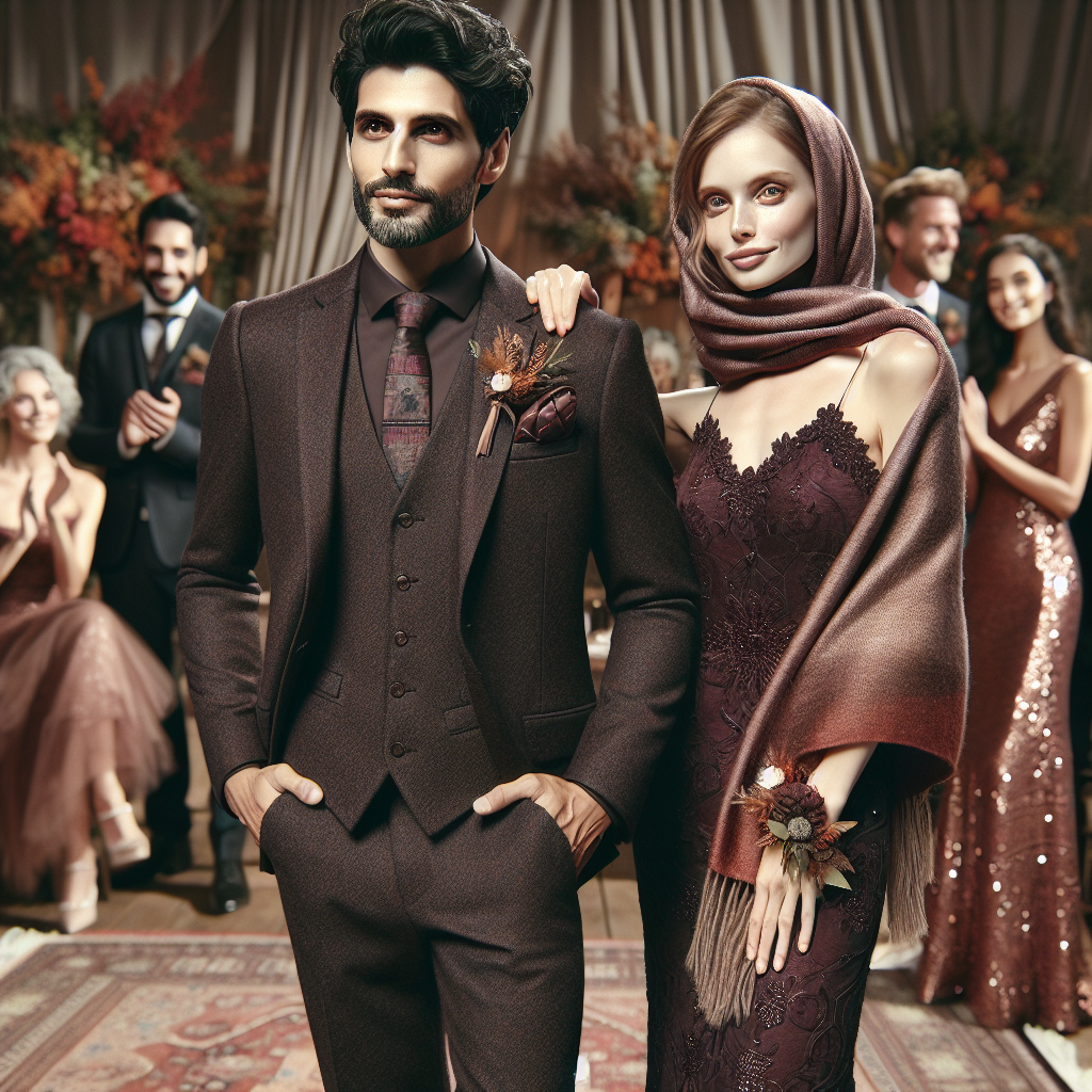 Visualize an October wedding fashion theme for the sophisticated people above the age of fifty. The image is graced with a couple, where the man is Middle-Eastern and dressed in a stylish, dark-hued wool three-piece suit, accessorized with a pocket square. A boutonniere adorns the suit's lapel. Beside him stands a Caucasian woman draped in a tastefully-designed, knee-length, satin lace burgundy dress adorned with sequin accents. A matching pashmina shawl envelops her shoulders, protecting against cool October air. Both individuals' outfits reflect autumnal hues and contemporary fashion sensibilities. Diverse guests can be seen in the background, smiling and clapping, dressed in their warm, elegant, fall-inspired attire.