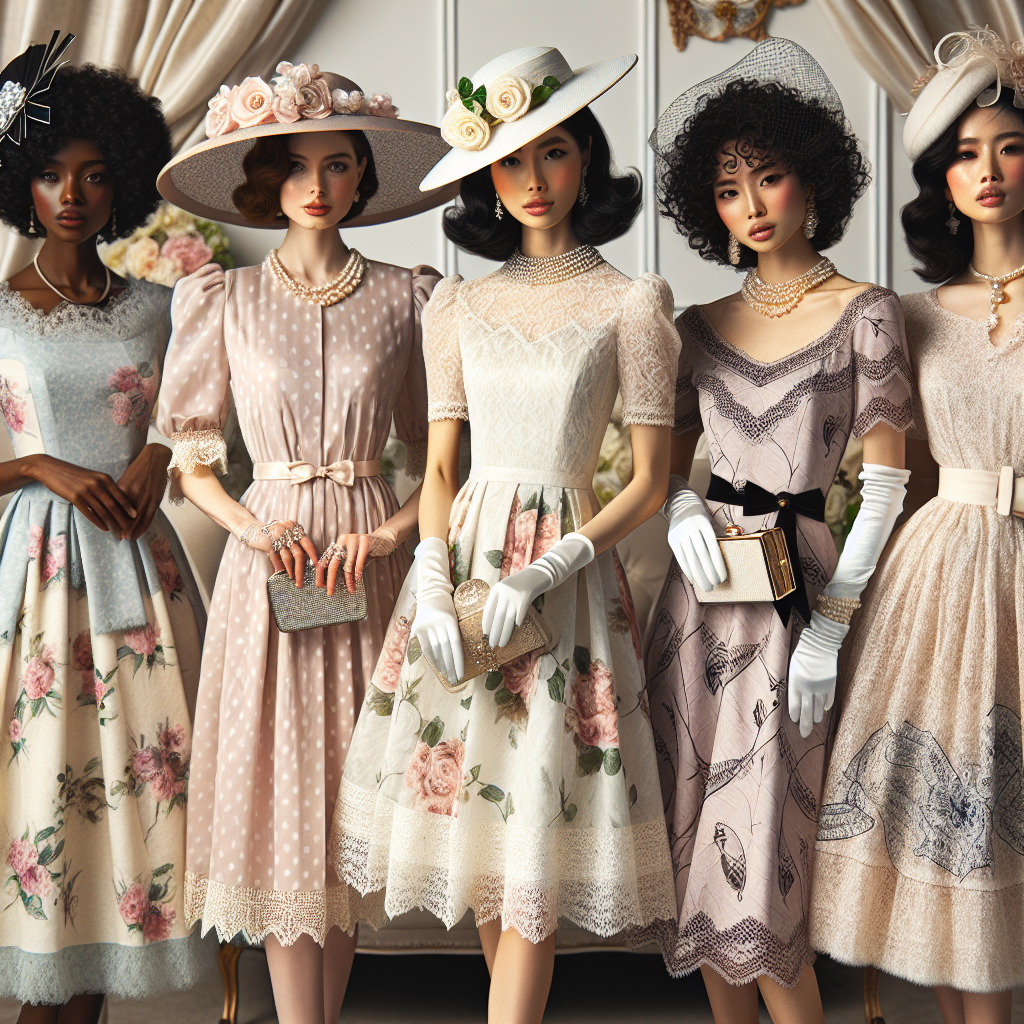 A beautiful array of tea party outfits for ladies laid out in a bright and elegant room. A black English woman wears a floral, knee-length summer dress with a broad-brimmed hat decorated with flowers. Beside her, an Asian woman in a pastel-colored lace dress holds a pearl clutch. A white woman models a vintage tea-length dress with polka dots, stylish gloves, and a chic fascinator. A Middle-Eastern woman dons a modern tea dress with unique patterns and a bold statement necklace. Each of them exudes elegance and impressiveness for a grand ladies' tea party.