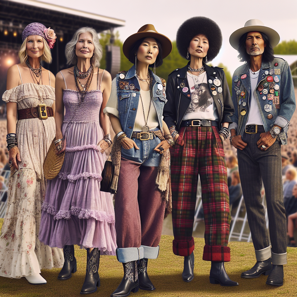 Imagine an outdoor concert scene filled with people over 50, showcasing their diverse styles. In the foreground, two ladies, one Caucasian with a chic bohemian look in a breezy ruffled lavender dress with chunky jewellery, and the other, an African lady in a comfortable yet trendy ensemble with a denim jacket embellished with band pins, a black T-shirt and red tartan pants. Next to them, a Hispanic man in a classic rock tee, comfortable faded jeans, and cowboy boots, next to an Asian man with a cool jazz vibe, wearing sleek black trousers and a classy white fedora.