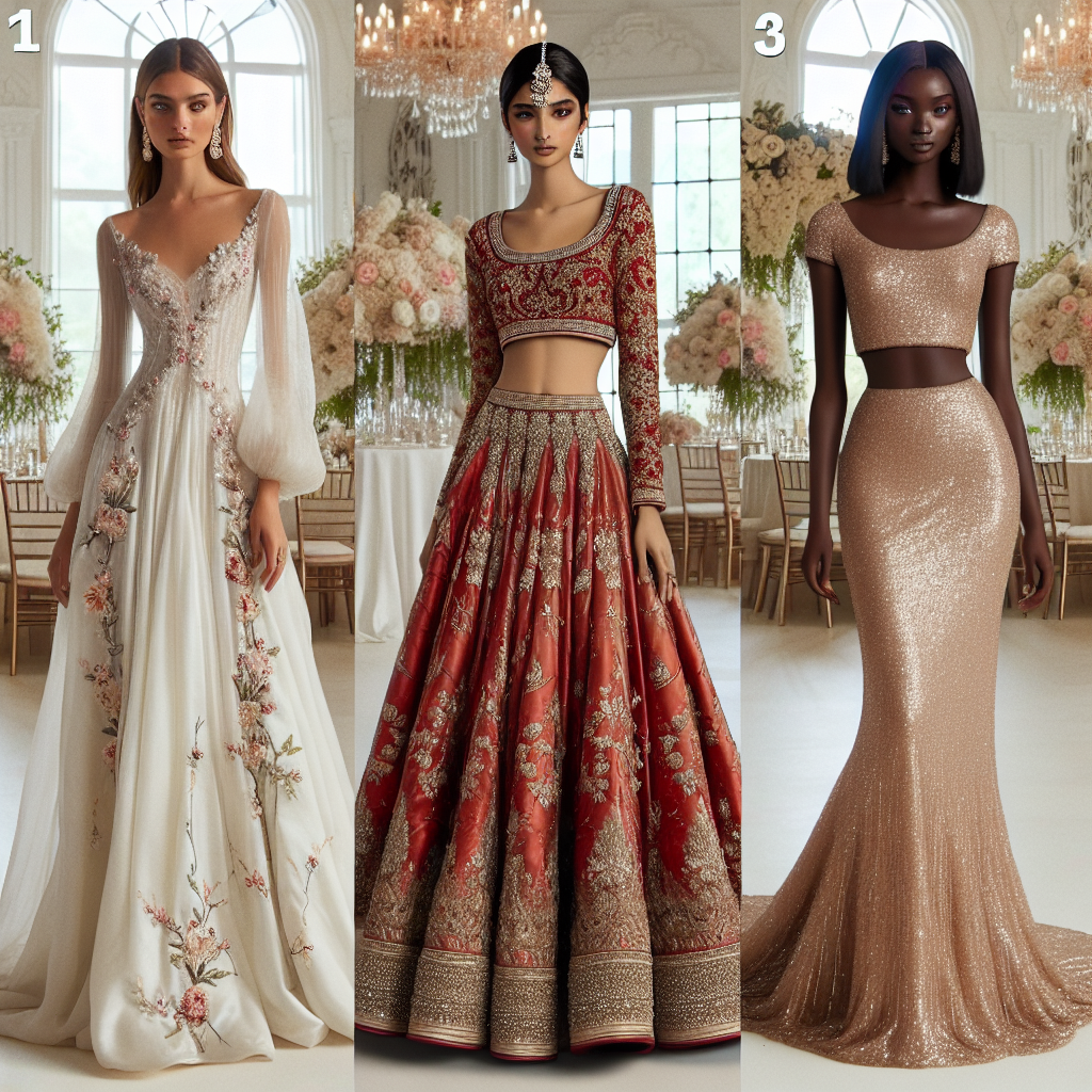 Envision a fashion lineup at a splendidly decorated wedding reception venue. The first outfit is a long, flowy white silk gown accented with delicate floral embroidery, worn by a Middle-Eastern woman. Next to her, a South Asian woman in a traditional red and gold lehenga choli adorned with resplendent sequins and beads. Lastly, picture a Black woman in a picture-perfect champagne-colored mermaid-style gown with lace detailing and subtle sequin shine. Attention to effortlessness and elegance is highlighted throughout these wedding reception attire ideas for the modern yet traditional bride.