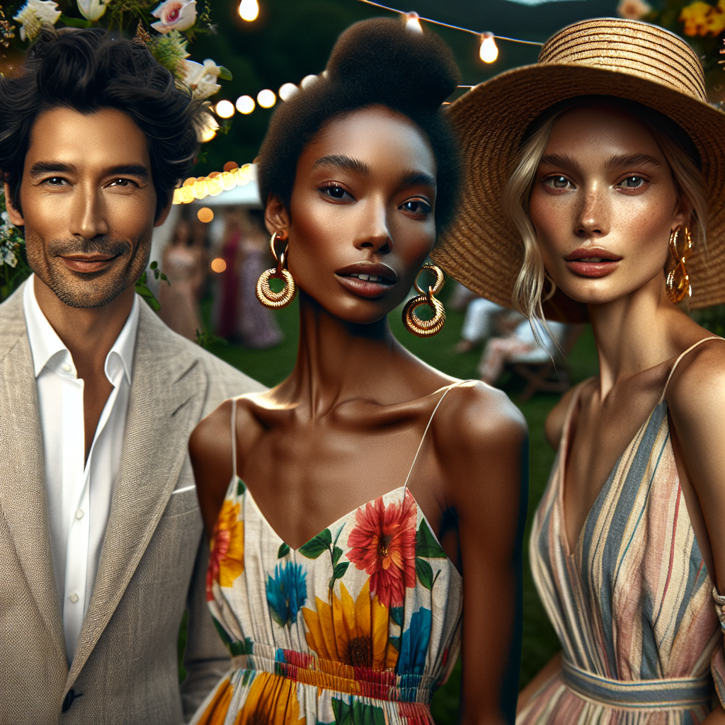 Summer Gala Style Guide: Effortless, Exclusive Looks Picture a luxurious Summer Gala where guests showcase exclusive and effortless looks. On the left, a stylish middle-aged South Asian man in a light-colored linen suit, radiating charm. On the right, an elegant Black woman with looped golden earrings, wearing a vibrant floral maxi dress, her hair styled in a chic updo. In the center, a young Caucasian woman in a vintage-inspired sundress with a wide-brimmed hat, looking effortlessly cool. The background is lush, filled with blooming flowers and glowing string lights. The scene evokes the joyful atmosphere of summer.