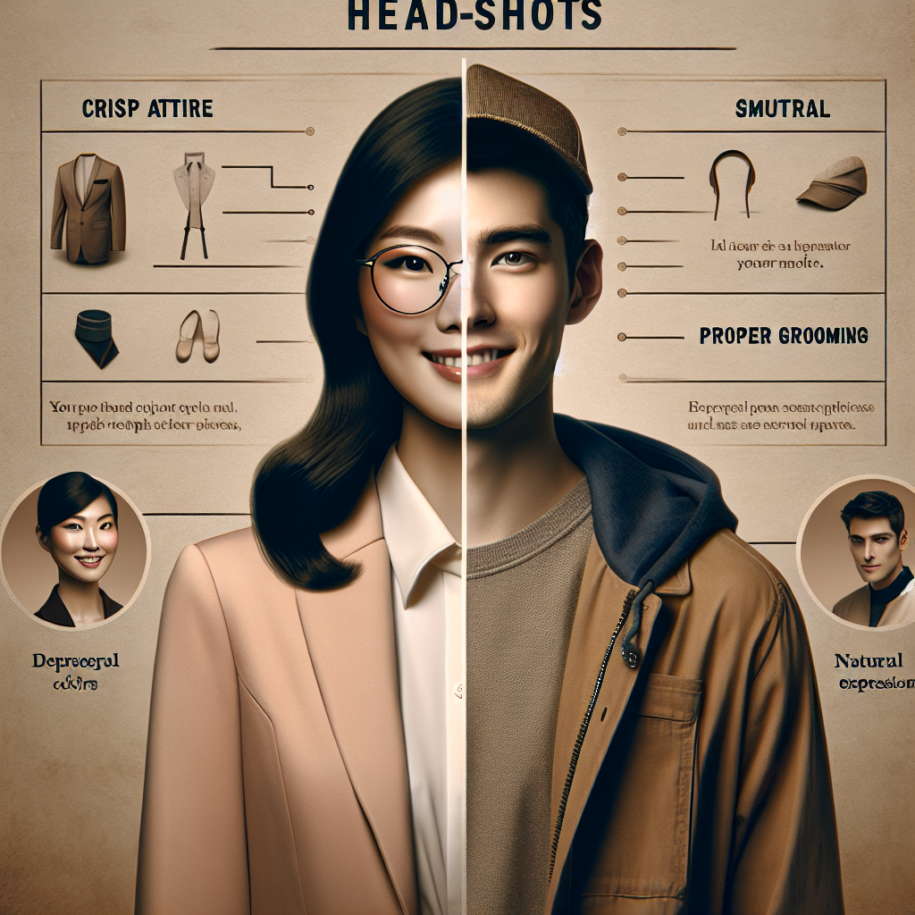 Headshot Style Guide: Dress to Impress with Exclusive Tips An image representing a guide for headshots styling. The scene shows a split picture featuring two differently dressed individuals. On the left, an Asian woman in a professional attire, smartly dressed with a well-groomed hairstyle, wearing glasses and a confident smile. On the right, a Caucasian man in a casual outfit, wearing a stylish jacket, a trendy cap and a subtle grin. The background includes some text with tips like 'crisp attire', 'neutral colors', 'proper grooming', and 'natural expressions'. The overall atmosphere is optimistic, aiming to make a strong impression.