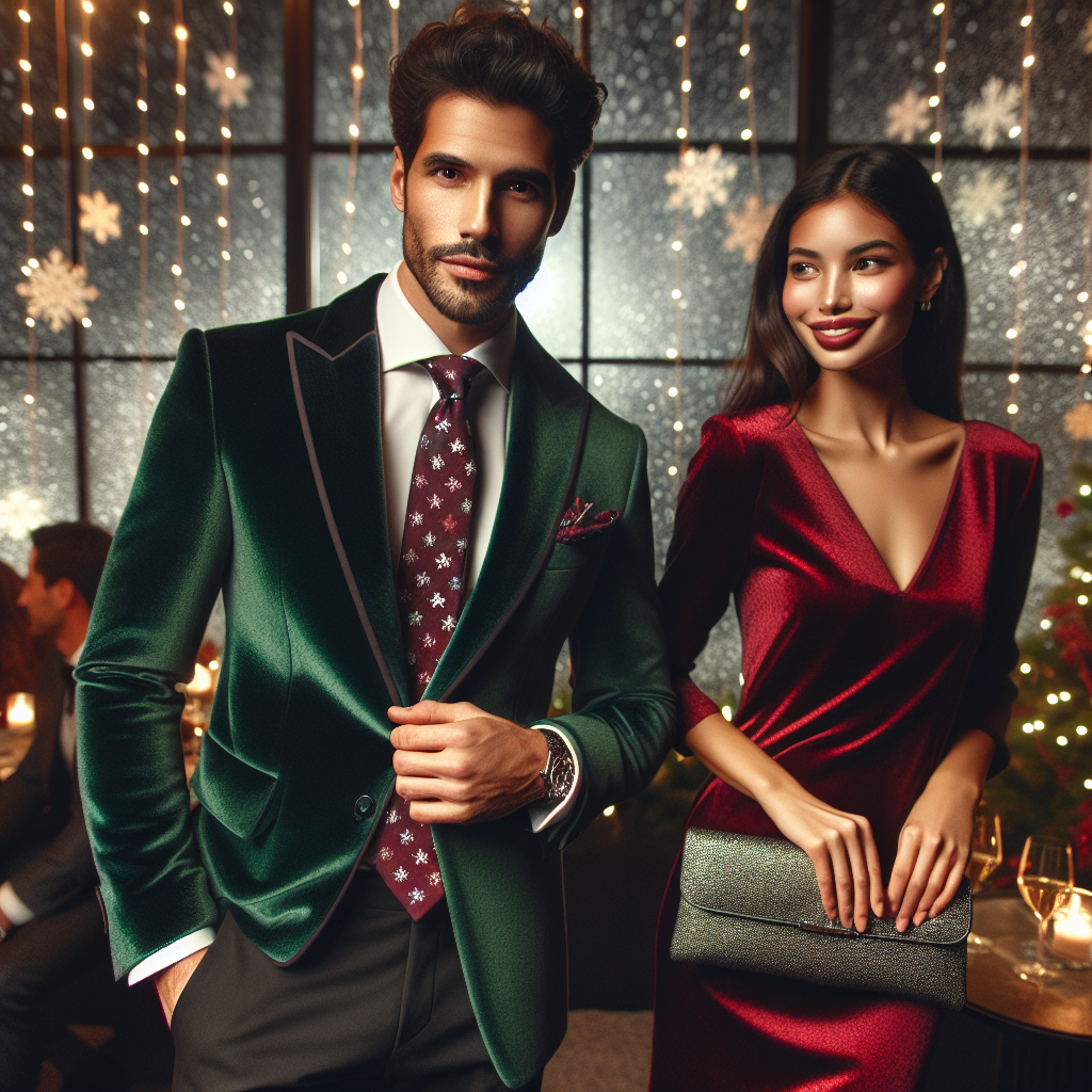 Imagine a scene at a Christmas corporate party. See a well-dressed Middle Eastern man in a festive emerald-green velvet blazer and black trousers, his outfit accessorized with a burgundy tie with small snowflake prints. Nearby, a Hispanic woman with a radiant smile is in a stylish ruby-red silk dress, paired with silver high heels and a clutch purse to match. The atmosphere is filled with warmth and elegance under the twinkling lights of the Christmas decorations. Snow is softly falling outside the large windows, creating a charming contrast to the bustling indoor event.