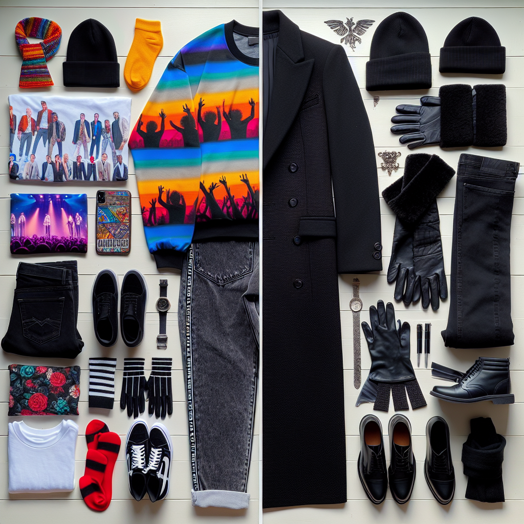 Stunning Outfits for Pentatonix Concerts & Winter Funerals A split image illustrating two contrasting fashion styles. On the left, vibrant and lively outfits designed for attending a concert by a popular a cappella group, featuring colorful graphic tees, music-themed accessories, denim pants and comfortable sneakers all laid out ready to be worn. The clothes depict various styles, ranging from edgy to casual. On the right, a monochrome palette of elegant winter funeral attire embracing solemnity and respect, including black coats, gloves, scarves and hat, along with polished shoes. The attire is laid out in an organized manner on a pale wooden surface.