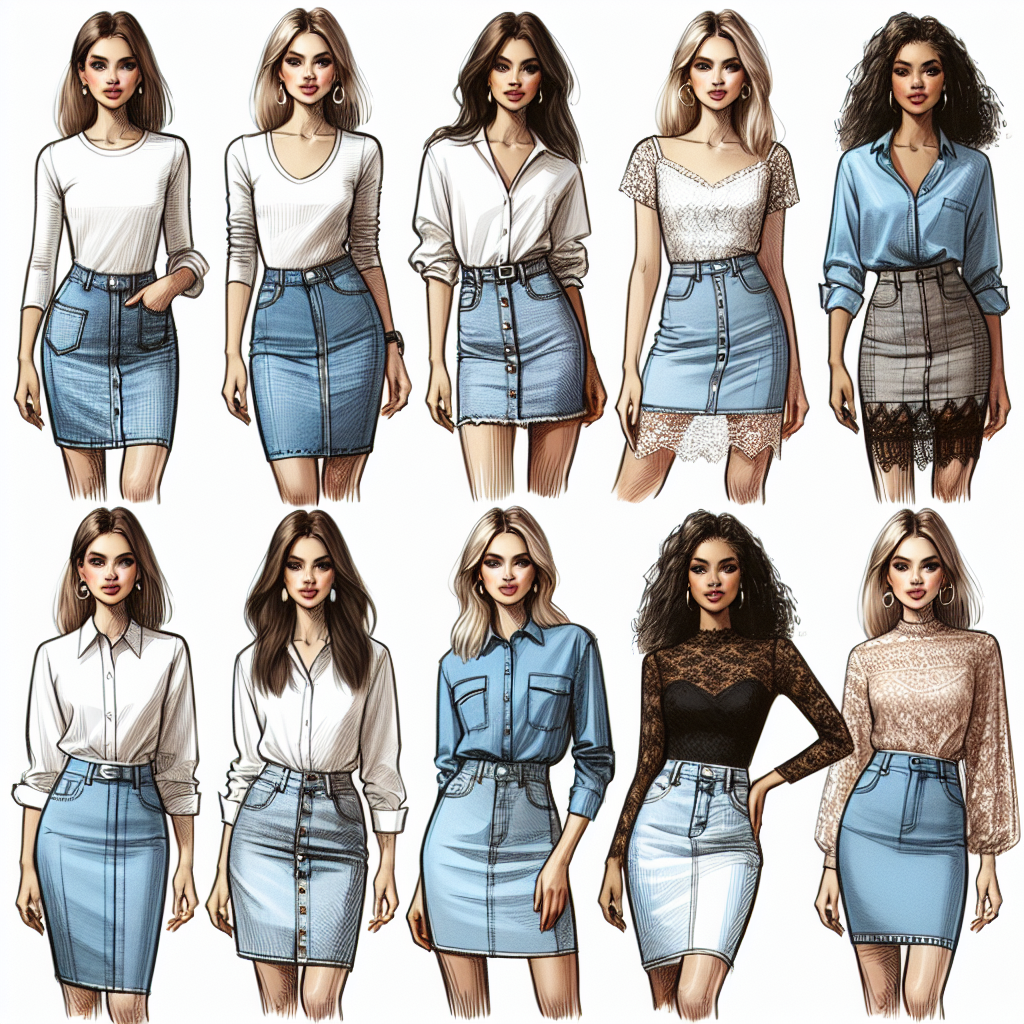 An array of fashionable tops styled with denim skirts. The shirts should range from casual to formal. Some of the tops should include a loose-fitting white t-shirt tucked into a high-waisted denim skirt for casual style, a classic button-down blouse paired with a light-blue denim pencil skirt for a professional look, and an elegant, lace top paired with a denim mini skirt for a more glamorous night out. The females modeling these outfits should be an eclectic mix: a Caucasian woman, a Black woman, and a South Asian woman for diverse representation.
