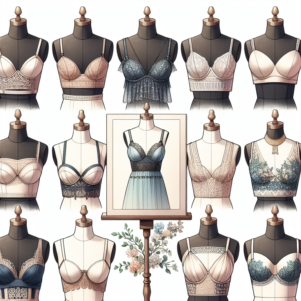 Stunning Bras for Square Neck Tops: Top Picks Construct an image showcasing a variety of stunning bras specifically designed to pair with square neck tops. The collection should display bras of different styles, colors, and materials, all of which compliment the distinct neckline. Each bra should be elegantly displayed, possibly on a mannequin or a form to emphasize its shape and feature. Behind each bra, visualize a square neck top that corresponds to it in style and color, demonstrating how each pair harmoniously blend together. All mannequins should represent diverse female figures to cater to different body types.