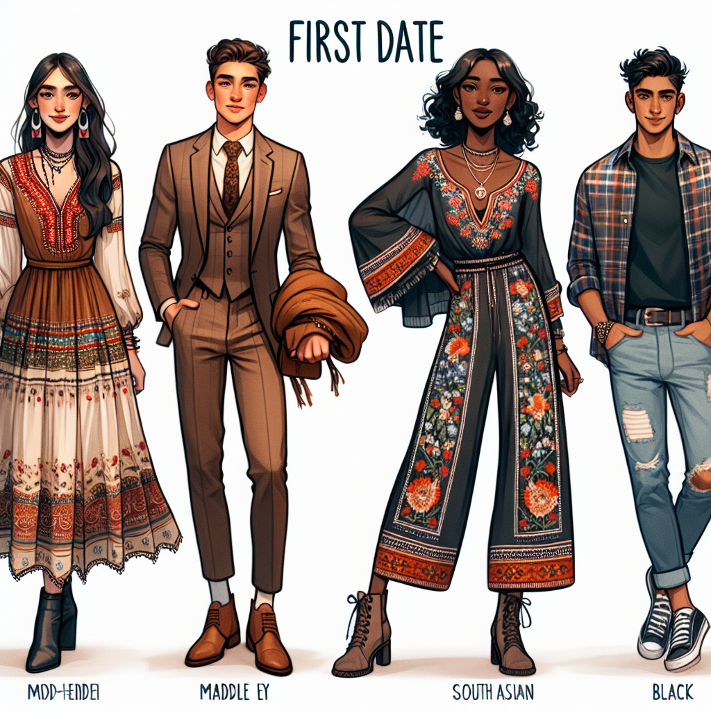 First Date Outfits: Discover Stunning Must-Have Looks Visualize an exciting montage of first date outfit ideas that challenge conventional norms. Picture a young Middle-Eastern woman donning a trendy bohemian dress with richly embroidered details, paired with a stylish ankle boots. Next, imagine a sophisticated South Asian man dressed in a sleek three-piece suit, accentuating his charm. Then, visualize a black woman showcasing her unique style with a chic jumpsuit, accessorized with statement jewelry. Finally, view a Hispanic man in a stylish casual ensemble – slim-fit jeans, a plaid shirt, and sleek sneakers. Each outfit should reflect the individual's unique style and confidence.