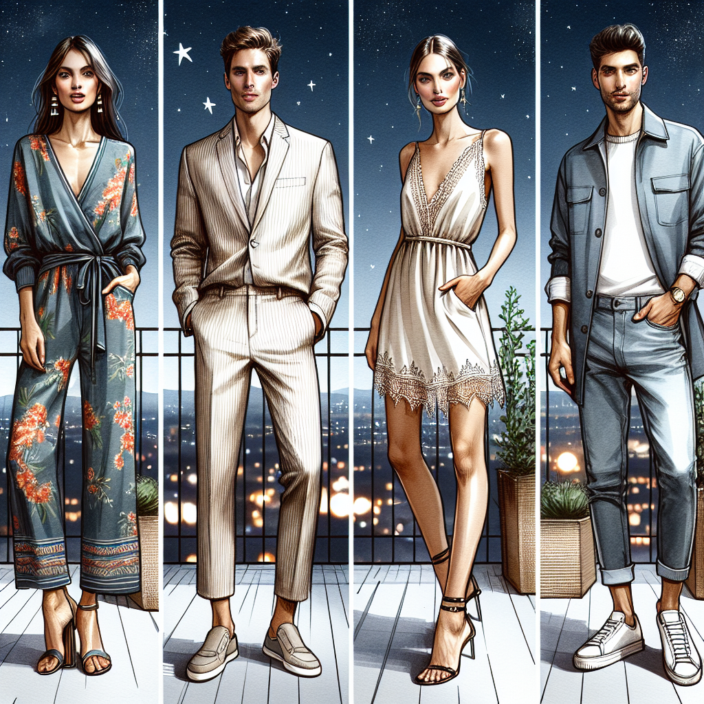Create an image of four friends at a rooftop party, under a clear night sky studded with twinkling stars. Each friend should be adorned in stylish rooftop party outfits demonstrating effortless elegance. The first individual, a Hispanic woman, is in a chic jumpsuit with a vivacious pattern. The second, an Asian man, is sporting a casual yet smart linen suit with a pair of stylish loafers. The third, a Caucasian woman, is wearing a sleek silk dress trimmed with lace, enriched by her ankle strap heels. Lastly, the fourth individual, a Middle-Eastern man, is in a minimal denim ensemble, completed with stylish sneakers.