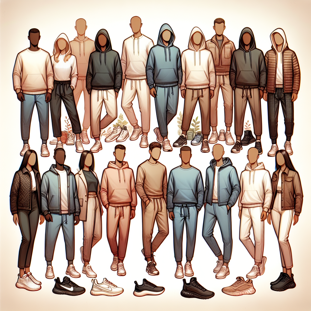 Must-Have Outfits for Team Building: Effortless Style Visualize a detailed scene of an array of outfits suitable for team building. Focus on outfits that embody an effortless style. These could include comfortable yet stylish joggers and hoodies, smart casual wear like fitted pullovers and chino trousers, and outdoor gear like protective jackets and all-terrain sneakers. Balance the outfits among different genders and descents, for instance, include outfits for a Black woman, a Middle-Eastern man, a Hispanic woman, a Caucasian man, a South Asian woman, a White man. The background could have soft pastel hues depicting a pleasant working environment.
