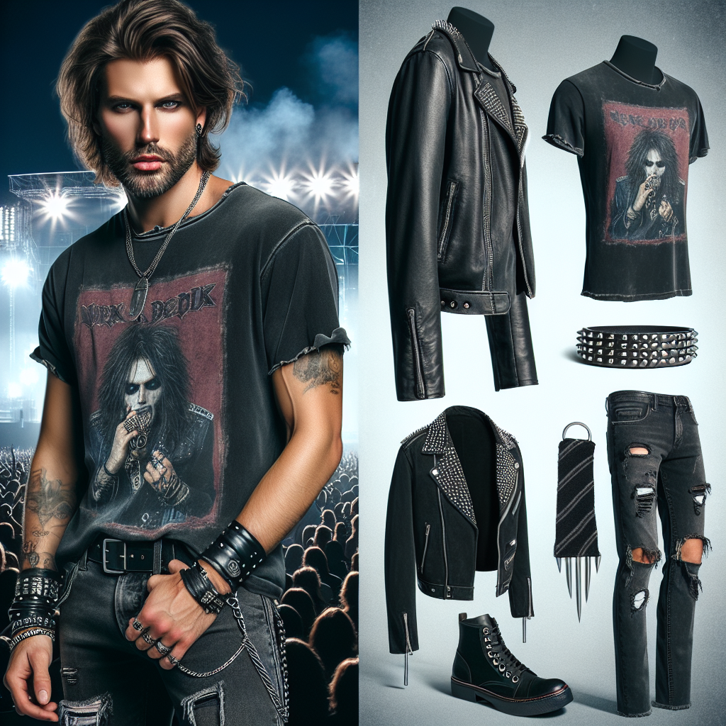 What to Wear to a Metal Concert Men: Stunning Picks! Create an engaging visual portraying a stylish man ready for a metal concert. He is Caucasian, has rugged facial features and sports long hair in a loose style, giving off a grungy look. His outfit includes a vintage band t-shirt, torn black jeans, and black leather boots. Accents of silver jewelry and band patches are found in his outfit. He is donning a leather wristband and carrying a studded black leather jacket over one shoulder, implying a sense of rebellity. Demonstrating a night scene in the background with concert lights misty in the distance would add to the mood.