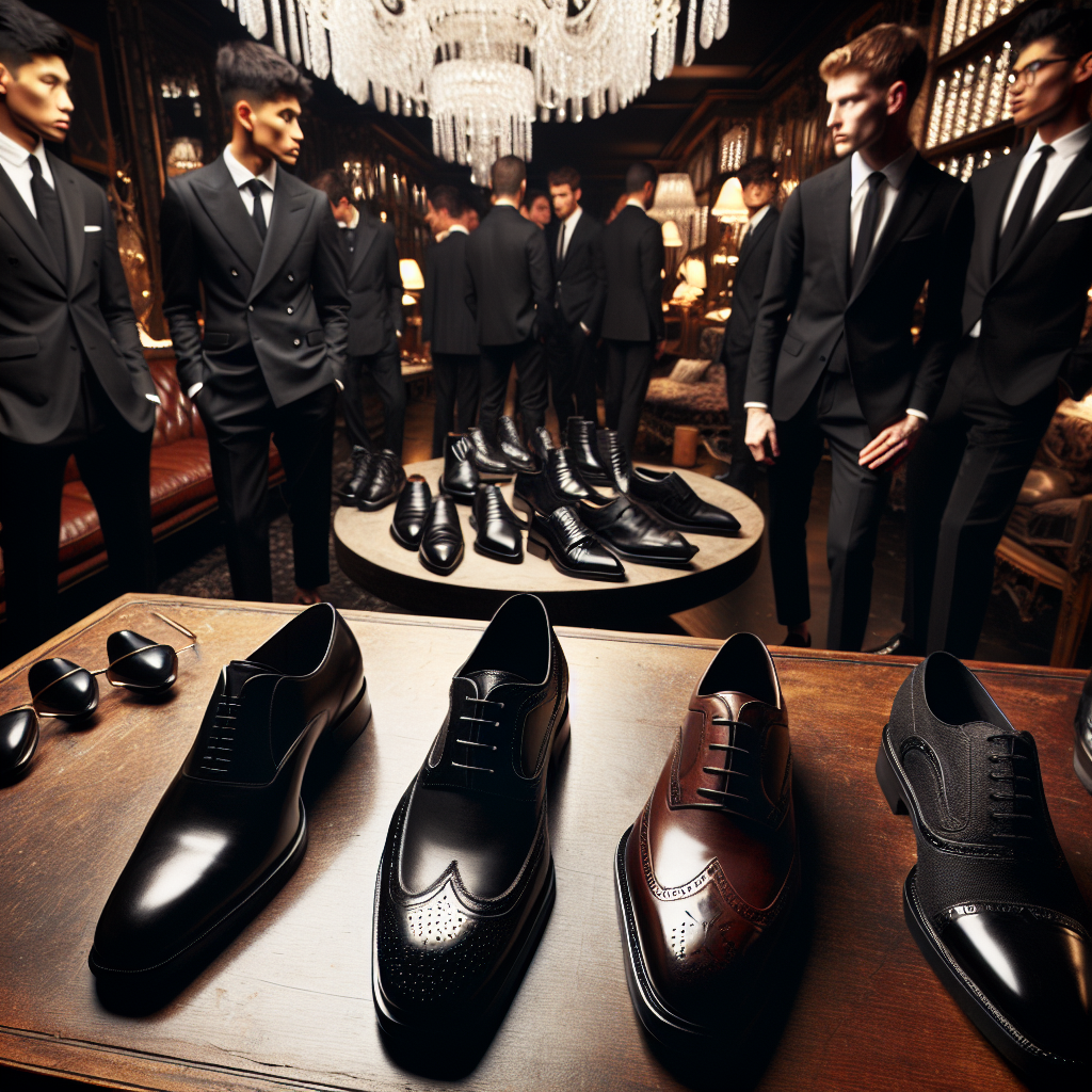 Stunning Club Styles: Best Shoes for Black Suits A fashionable scene at a high-end club with a display of the finest shoe styles that perfectly complement black suits. Shot from different angles, the luxury footwear consists of black loafers, oxfords, brogues, and monk straps. The setting captures the grandeur of the club with its crystal chandeliers and mahogany furniture, highlighted by warm, dimmed lights. In the background, individuals of multiple descents, including Asian, white, and Hispanic men, wearing the stylish black suits and chic shoes, can be seen mingling, their outfits embodying a classy harmony of style and sophistication.