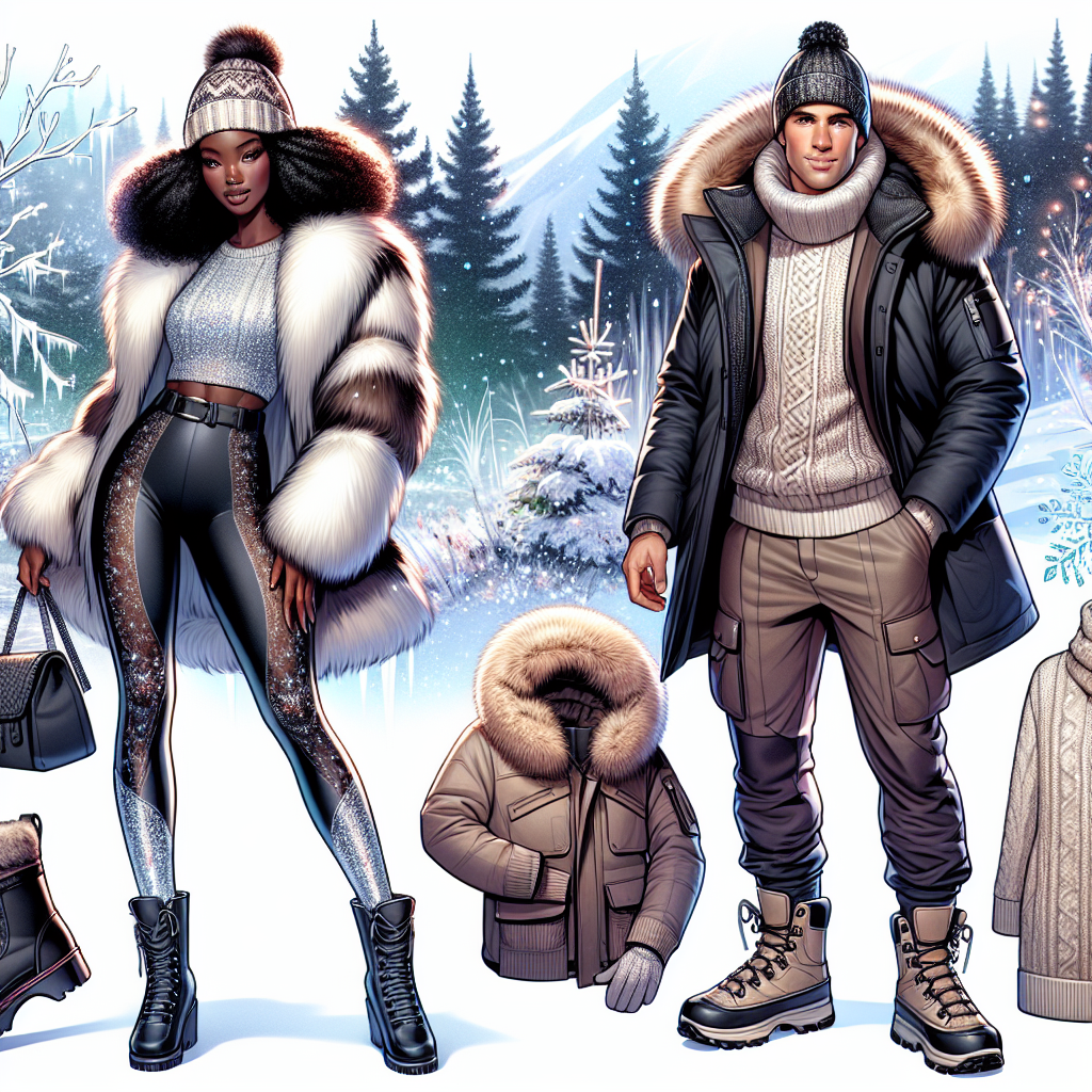 Winter Wonderland Outfits: Essential Guide for a Magical Look Illustration of a dynamic scene featuring two people in a winter environment surrounded by snowy trees and glistening ice. The first person, a Black woman, is confidently sporting a fashionable winter outfit consisting of a stylish faux fur coat, knitted beanie hat, and thermal leggings. She's completed her winter wonderland look with a pair of chic snow boots and an elegant muffler. The second person, a Caucasian man, is depicted wearing an essential winter ensemble, including snug parka jacket, trapper-style hat, thermal gloves, and hiking boots. Both of their outfits make a perfect blend of style and practicality for an enchanting, magical winter ambiance. Implement warm colors and patterns to highlight their clothing against the predominantly white and icy background.