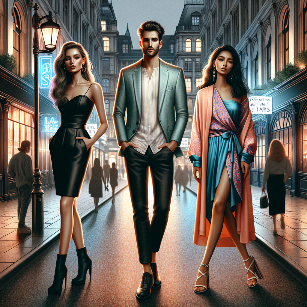 Stunning Outfits for Bars: Dress to Impress Imagine a bustling city street with a variety of bars lining each side. Show three stylish individuals of diverse descents: a Caucasian woman wearing a classic little black dress complemented by high-heeled boots, a Middle Eastern man dressed in a chic casual ensemble featuring a pastel-hued blazer, and a South Asian woman exuding elegance in a vibrant wrap dress paired with strappy sandals. Amplify the night-time vibe with neon signs of the bars reflecting off the pavement. This scene is to inspire the readers with stunning outfits for night-out at bars for impressing others.