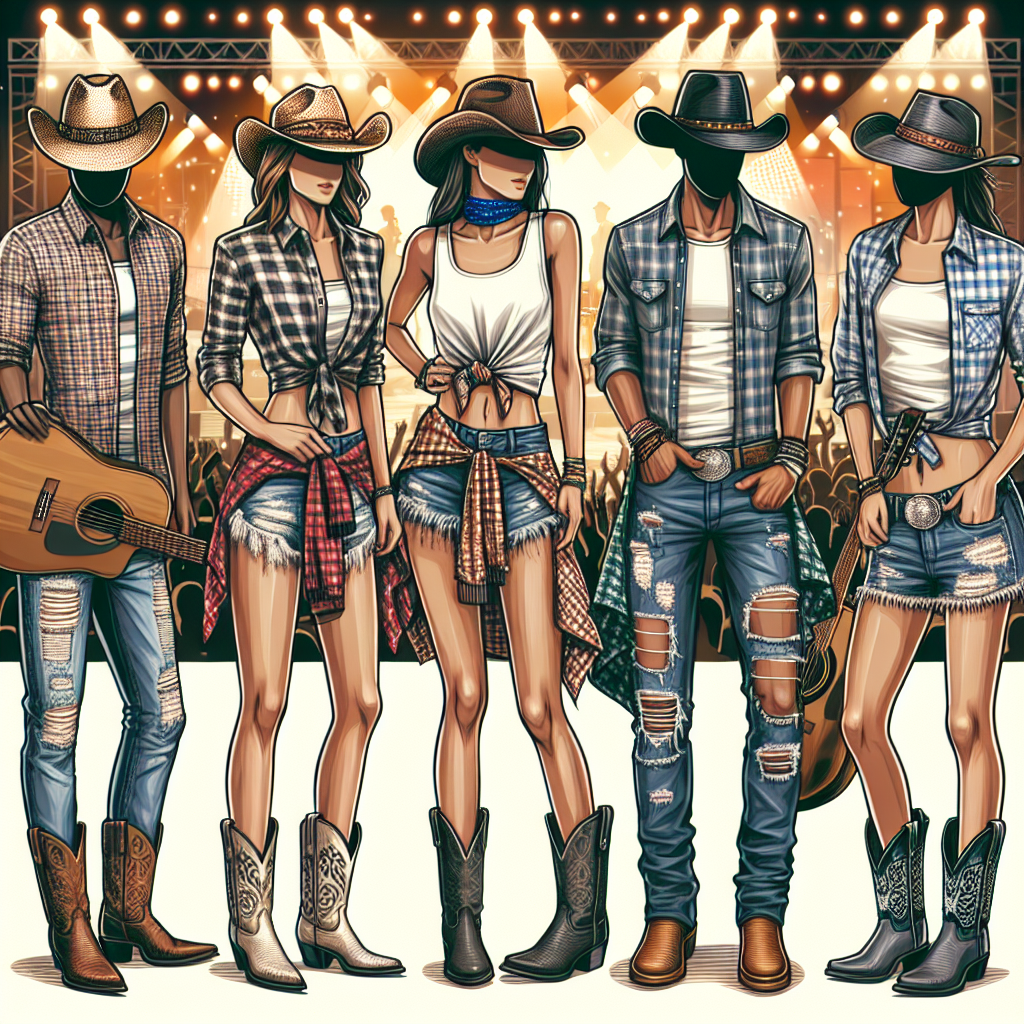 An illustration demonstrating various must-wear outfits for a modern country music concert, abiding to the style of an independent singer-songwriter. The outfits include casual yet stylish clothing such as plaid shirts, ripped jeans, cowboy boots, and bandanas. One model is a Caucasian woman with a sunhat and denim shorts, another is a Black man holding a guitar while clad in a sleeveless shirt and leather boots. The third model, a Hispanic woman, is wearing a flannel shirt tied around the waist, a white t-shirt, and rugged jeans. The background features a lively concert venue under bright lights.