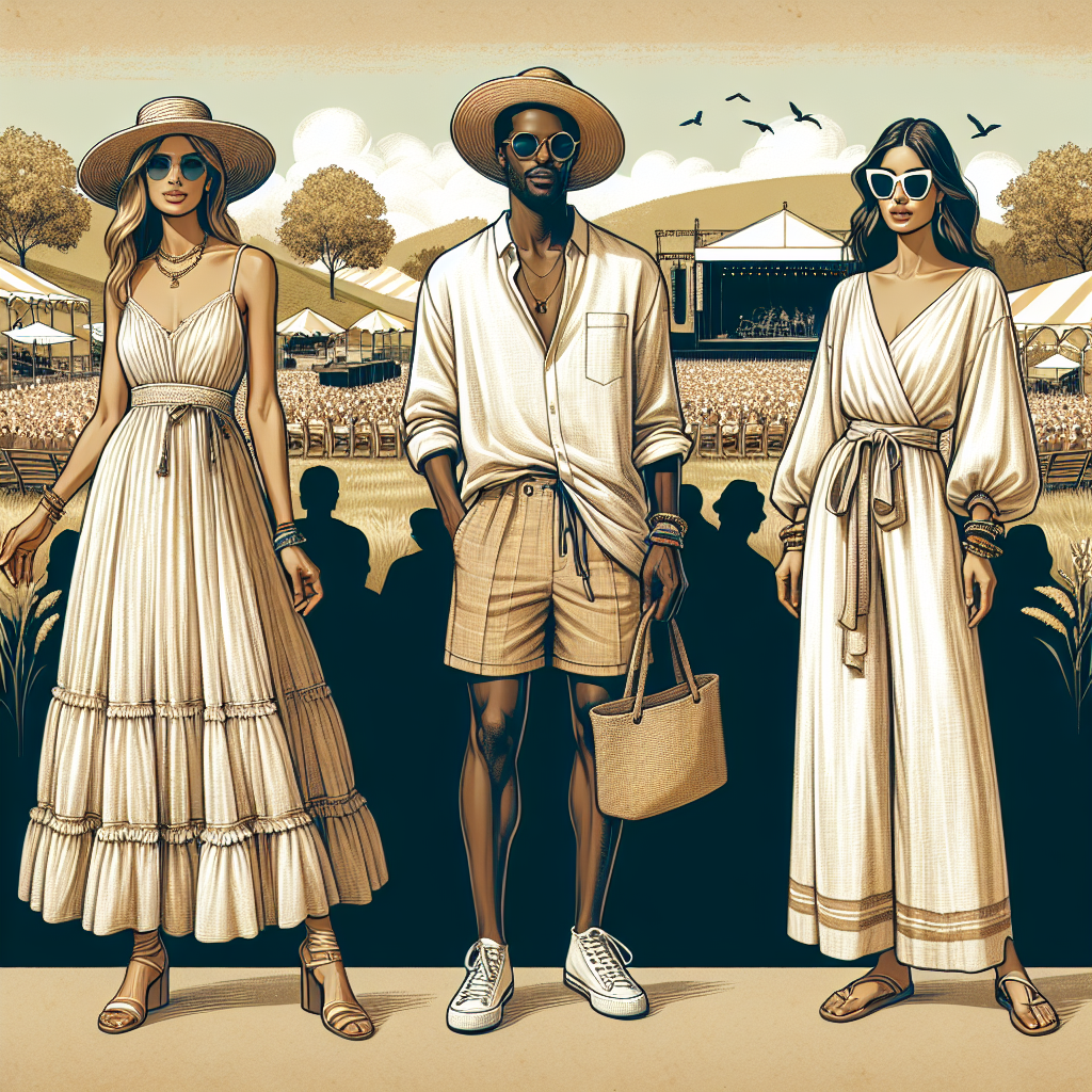 Create an image showcasing a variety of elegant and effortless summer concert outfits suitable for individuals in their 40s. The outfits should reflect current fashion trends and summer comfort. Include three people arranged in a harmonious setting such as a concert park. The first person is a Hispanic woman in her late 40s, elegantly dressed in a lightweight and flowy maxi dress with tasteful jewelry. The second person is a Black man in his early 40s, sporting a casual, yet stylish linen shirt and shorts with a summer hat. The third person is a south Asian woman in her mid-40s, looking chic in a summer jumpsuit, paired with fashionable sunglasses and a tote bag. The backdrop should include subtle elements of a summer music festival, without diverting attention from the fashion aspect.