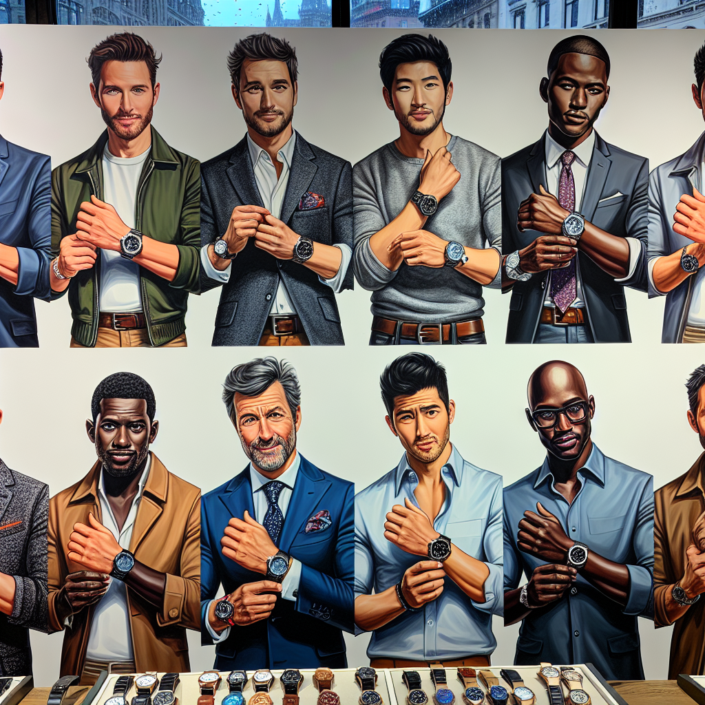 A detailed depiction of a variety of men from different descents, including Hispanic, Caucasian, Black, and South Asian, displaying an array of wristwatches. Each man should be in stylish attire, representing different fashion sensibilities, demonstrating the correct way to wear a watch: on the left wrist. The attention should be primarily directed towards their wristwatches, showcasing different styles and sizes of watches. The environment should be a well-lit, modern boutique with a window offering a view of a bustling city street.
