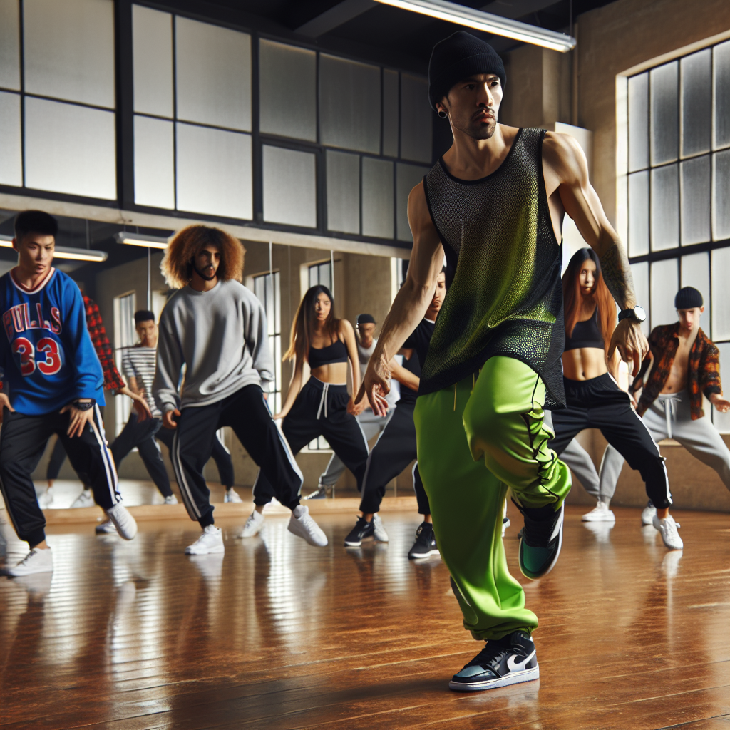 An expansive dance studio boasting mirrors on one wall and wooden floors reflecting a bustle of activity. In the middle, an Asian male dance instructor is demonstrating a complex street dance move with incredible agility and rhythm. He wears baggy neon-green sweatpants and a black tank top with a beanie. Multiple students, including a Middle-Eastern woman in tracksuit, a black man sporting a basketball jersey, and a Caucasian man in a sweatshirt and denim pants, attentively watch him. They attempt to mimic his moves, filling the room with a vibrant energy that captures the essence of hip-hop dance class.