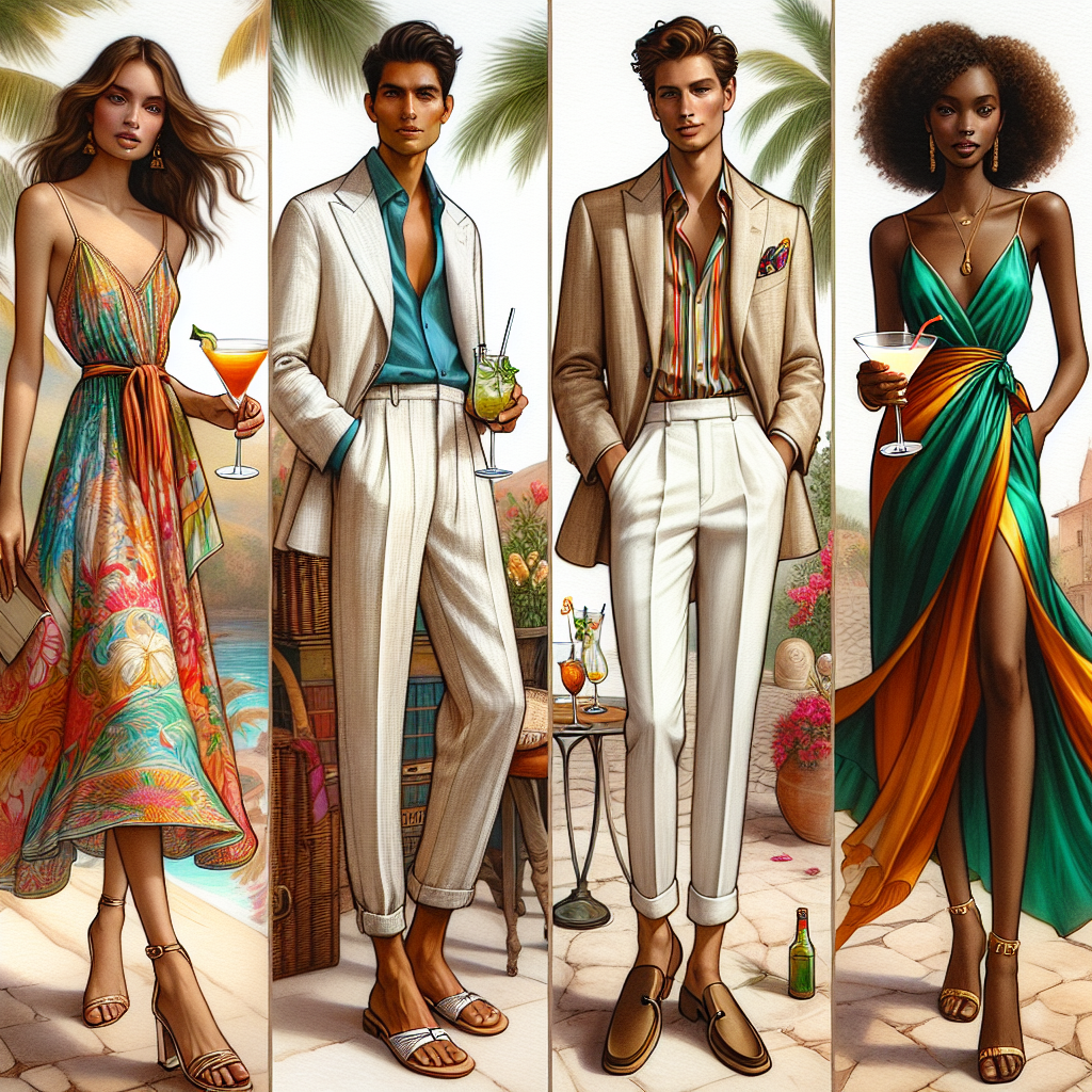 Imagine a fashion spread showing an array of stunning summer cocktail outfits. The first is worn by a Caucasian woman, featuring a breezy, brightly patterned midi dress and strappy sandal heels. The second, donned by a Hispanic man, is a classy linen suit in a light cream color, paired with loafers and a colorful pocket square. The third outfit is showcased by a Black woman sporting an elegant and sleek silk jumpsuit in a vibrant hue, combined with gold accessories. Every outfit is presented in a summery outdoor setting, with cocktails becoming the perfect accessories.