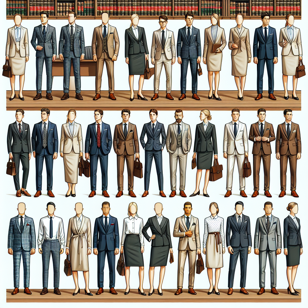 Create an image showcasing various formal clothes for people of diverse descents and genders at a court setting. Showcase an assorted group with attire ranging from well-tailored suits to crisp, clean blouses and shirts, elegant formal dresses, and conservative accessories such as tie clips, cufflinks, loafer shoes, and so on. The people can be seen standing with a backdrop of a generic courtroom setting. There are no identifiable faces, only highlight the outfits and the context of the court. Display the text 'What to Wear to Court: Effortless, Must-Have Styles' prominently at the top or bottom of the image.