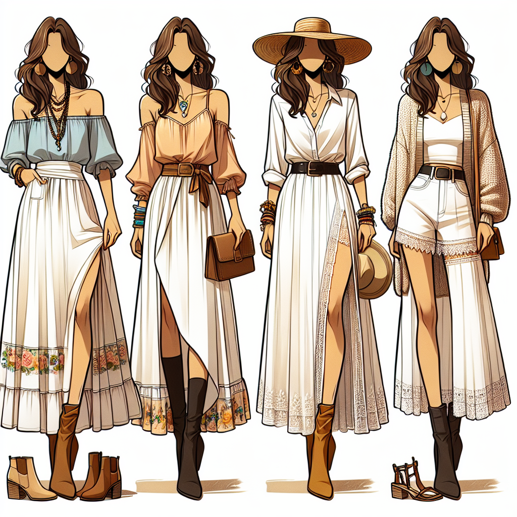 Must-Have Styles for Your White Maxi Skirt Display four different fashion styles utilizing a white maxi skirt. Style one features a bohemian look with a white maxi skirt paired with a pastel off-shoulder blouse, brown ankle boots, and beaded jewelry. Style two shows a professional style, featuring the same skirt teamed up with a black fitted blazer, white blouse, and heeled pumps. For the third style, portray a casual summer look, showcasing the skirt with a bright colored tank top, flat sandals and straw hat. Lastly, the fourth style represents a winter fashion, where the skirt is paired with a chunky knit sweater, tights, and knee-high boots.