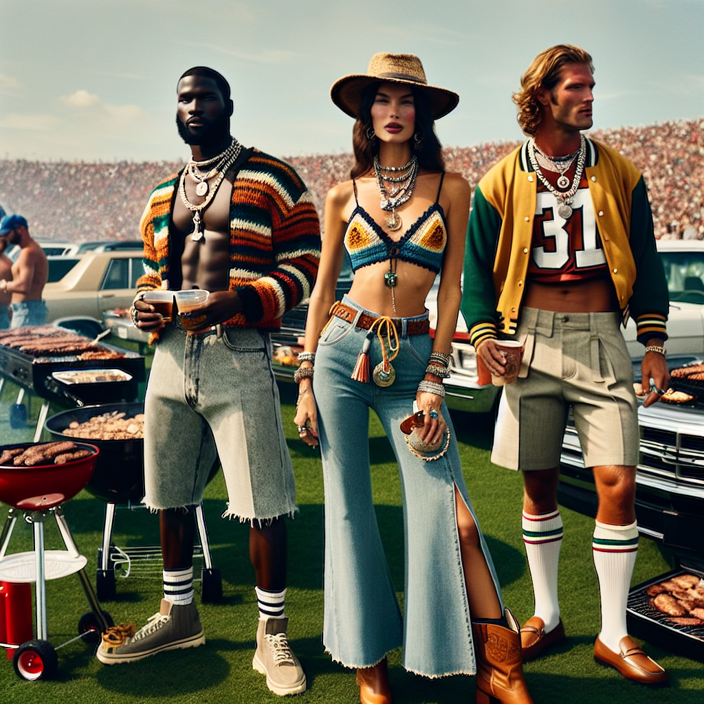 Stunning Tailgate Outfits: Effortless & Trendy Choices A bustling scene of a pre-game tailgate gathering in a vast field with cars lined up grilling food. The main focus is on three individuals wearing stunning tailgating outfits that are trendy yet effortlessly chic. The first individual is a Caucasian woman in a bohemian-style crocheted crop top and bell-bottom jeans, with a charm bracelet jingling on her wrist. The second individual is a Black man wearing a vintage football jersey, stone-washed jeans and sneakers with a flat cap turned backwards. The third individual is a White man clad in a throwback varsity jacket, khaki shorts, knee-high socks and loafers.