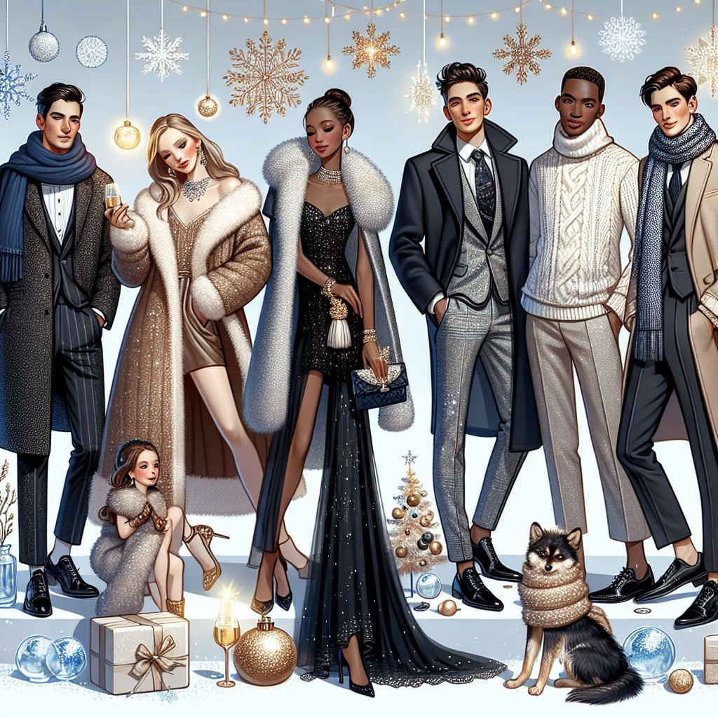 Visualize a tableau of people dressed in stunning winter outfits for different life celebrations. Depict a Caucasian woman in a chic fur-lined coat with sparkling jewelry for a holiday party, a Hispanic man donning a stylish overcoat and scarf for a wedding, a Black woman wrapped in a cozy knitted sweater and long skirt for a family gathering, and a Middle-Eastern man in a sophisticated tuxedo with a winter twist for a New Year's eve party. Incorporate elements like snowflakes, ice sculptures and warm lighting to set the winter atmosphere.