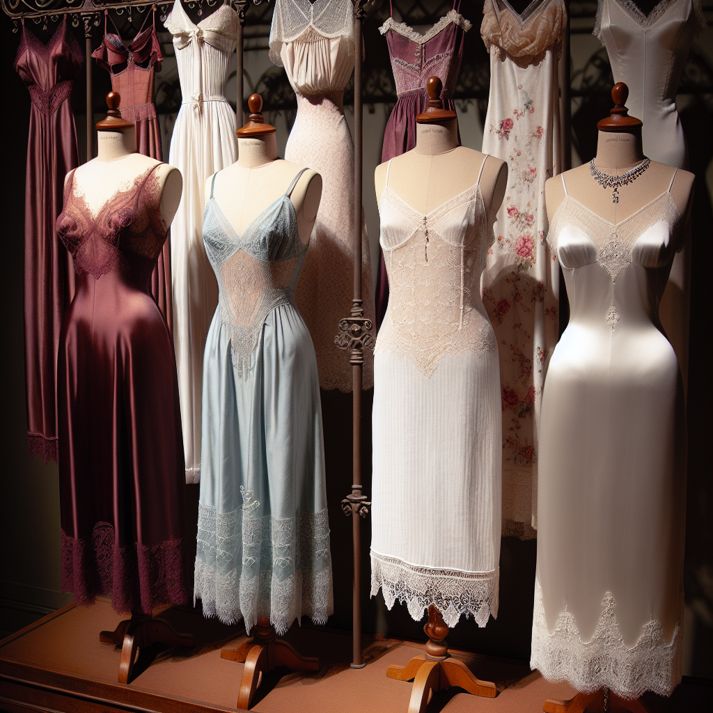 An array of under slip dresses hanging on a vintage wooden rack. On the left, a satin under slip dress in a rich, wine color. An intricate texture is embroidered on the hem, giving a classic touch. In the middle, a light blue, lace-trimmed cotton under slip dress, embodying a nostalgic style. On the right, a pearl white, silk under slip with a touch of minimalistic elegance due to its clean lines and simplicity. Display stands two female mannequins, one of Hispanic descent and the other of East Asian descent, both wearing crystal clear under slips adorned by diamond accessories, exuding effortless elegance.
