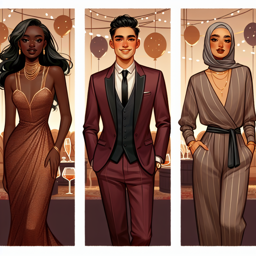 Illustration of three different individuals of varying descent and gender, elegantly dressed for a 50th birthday celebration. The first person is a Black woman, wearing a fashion-forward evening dress with gold accents. The second person is a South Asian man, stylishly dressed in a marsala red tailored suit. The third individual is a Middle-Eastern non-binary person in a chic, contemporary jumpsuit. They all smile, confident in their stunning birthday outfits against the backdrop of a warmly-lit party venue filled with balloons and streamers.