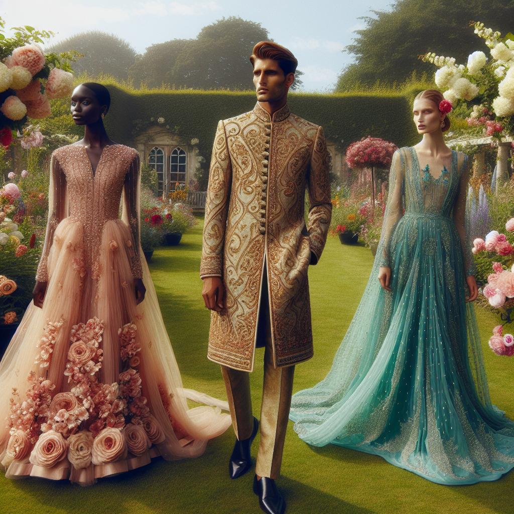 Imagine a magnificent scene of a garden in full bloom under the splendid June sun. In the middle of this charm, visualize three individuals wearing their finery for a wedding. Firstly, a South Asian man in traditional Sherwani, richly decorated with golden patterns and paired with matching trousers. Secondly, a Black woman in an elegant, beaded, knee-length chiffon dress, with pastel pink as the dominant color. Lastly, a Middle-Eastern woman elegantly attired in a flowing teal maxi dress adorned with delicate embroidered details. Each outfit harmonizing perfectly with the vibrant summer vibrancy of the surrounding garden.