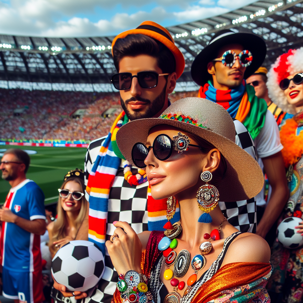 Stunning Outfits for Football Matches: Effortless Style A vibrant scene at a football stadium with spectators flaunting stylish attire. A Middle-Eastern woman can be seen elegantly dressed in a chic summer hat and brightly colored scarf, highlighting her vibrant enthusiasm. Close by, a Caucasian man in a trendy football jersey adorned with fashionable accessories epitomizes the spirit of the game. Also viewable is South Asian man in a creatively customized football-themed outfit, complete with football shaped accessories and sporty sunglasses. In the background, a lively crowd dressed in a mix of casual and quirky football-themed outfits creates a colorful atmosphere.