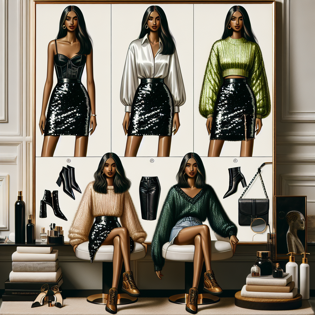 Head Spa Style Guide: Effortless Outfits for Black Sequin Skirts Display a fashion guide that features different ways to style a black sequin skirt. This visual guide should include at least three outfits. The first outfit should feature a South Asian woman in a formal ensemble with a white satin blouse, the black sequin skirt and high heels. The second outfit should depict a Black woman in a semi-formal look with a black sequin skirt, a neon green crop top and statement sneakers. The third outfit should have a Middle-Eastern woman in a casual attire featuring a black sequin skirt, a chunky-knit sweater, and brown suede boots. The setting should be a luxuriously-decorated head spa, with the models sitting in salon chairs, surrounded by spa essentials.