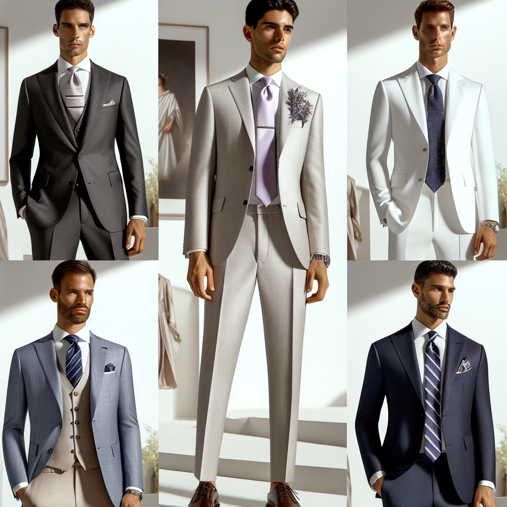 Visualize a set of impeccably designed men's outfits for a baptism event. The collection includes a sleek charcoal grey suit with a crisp white shirt and silk lavender tie on a Hispanic man, a contemporary white linen suit paired with a soft blue shirt on a South Asian man, and a classic navy blue blazer, beige trousers, and striped tie on a Black man. Each man is also wearing tastefully chosen accessories, such as cufflinks, a tie clip, and pocket squares. The scene exudes a chic, well-groomed atmosphere with a hint of solemn respect befitting a religious ceremony.