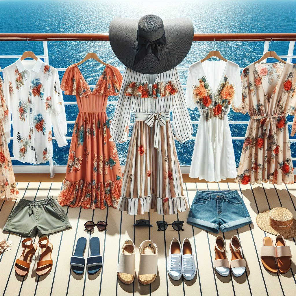 Create an image of a variety of stunning outfits suitable for a cruise to Mexico. Display a collection of chic, comfortable, and fashionable apparel perfect for warm weather. Include a large brimmed hat, sundresses, floral print shirts, shorts, sandals, and sunglasses. Show clothing options for both genders, with the setting being a bright sunny day on the deck of a cruise ship with the ocean in the background for context.