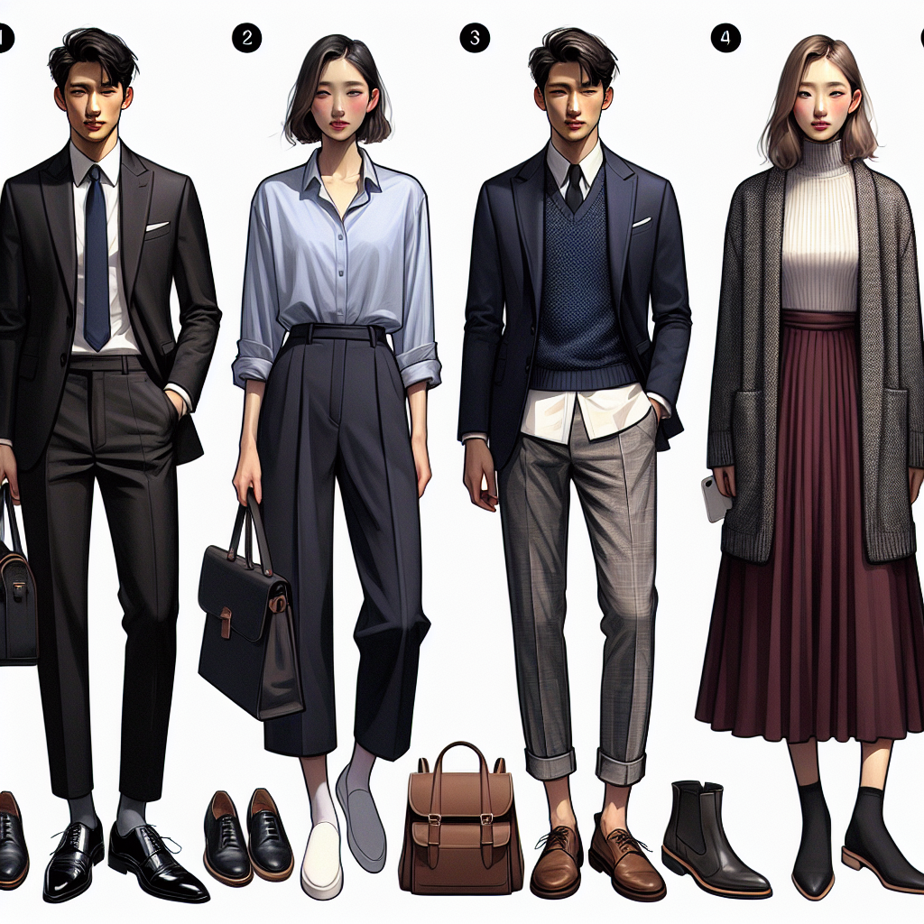 Show an array of four stunning outfits suitable for university presentations, arranged in a row. The first outfit is for a Hispanic male &ndash; a sleek black suit paired with a sky blue button-down shirt and polished black shoes. The second outfit is for a South Asian female &ndash; an elegantly tailored navy blue blazer and matching trousers, paired with a crisp white shirt and brown loafers. On the other end, visualize an outfit for a Caucasain male, including a trendy gray pullover, a white shirt underneath, black chinos, and casual brown shoes. Lastly, imagine an outfit for a Middle Eastern female, composed of a chic, burgundy midi dress, paired with black ankle boots and a matching black bag.