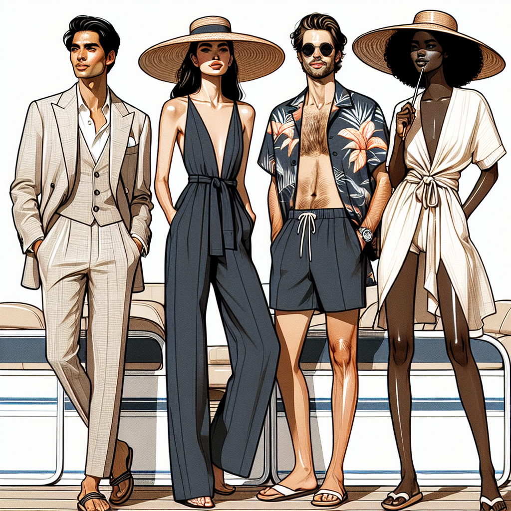 Illustration of four people of different descents and genders on a pontoon boat, sporting stylish summer outfits suitable for boating. A South Asian man is wearing a light linen suit with a straw hat. A Hispanic woman is decked in a chic navy-blue jumpsuit and a wide-brimmed hat. A Caucasian man is donning stylish swim trunks and a tropical-themed Hawaiian shirt. A Black woman is seen in a loose, lightweight summer dress with a sun hat, holding a parasol. The background makes evident they're on a lake and it is a bright, sunny day.