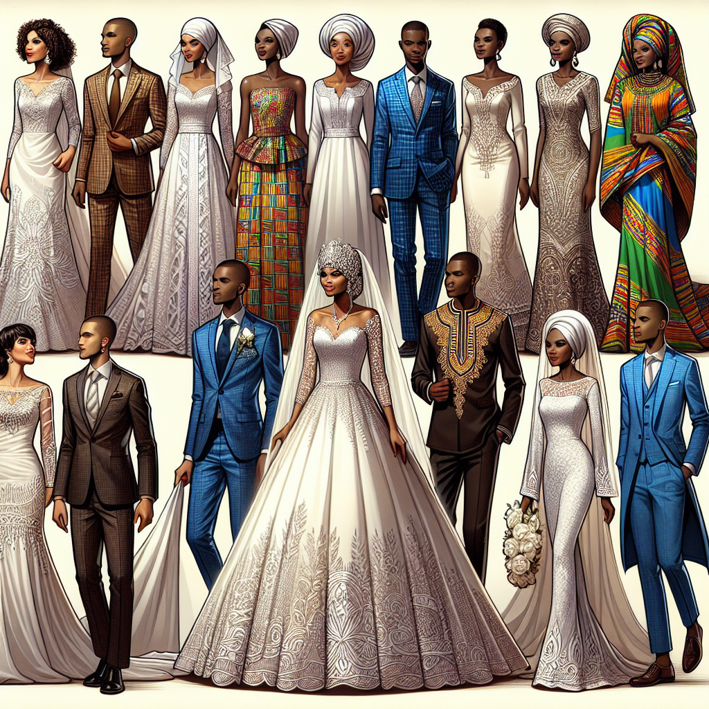 Must-Have Styles for Wedding Nights in Tanzania Visualize an array of popular wedding-night styles typically seen in Tanzania. Show at least six outfits suitable for new brides and grooms. They could include a white African-inspired wedding dress with intricate beadwork and a matching veil for a bride of Middle-Eastern descent. A swirling Kanzu robe for a groom of Black descent, embroidered with silver threads. An elegant tailored suit with a vibrant Kitenge fabric tie for a South Asian groom. A traditional Gomesi dress with bright patterns for a Hispanic bride. A flowing Boubou robe in royal blue for a groom of Caucasian descent. A modern lace jumpsuit for a bride of White descent.