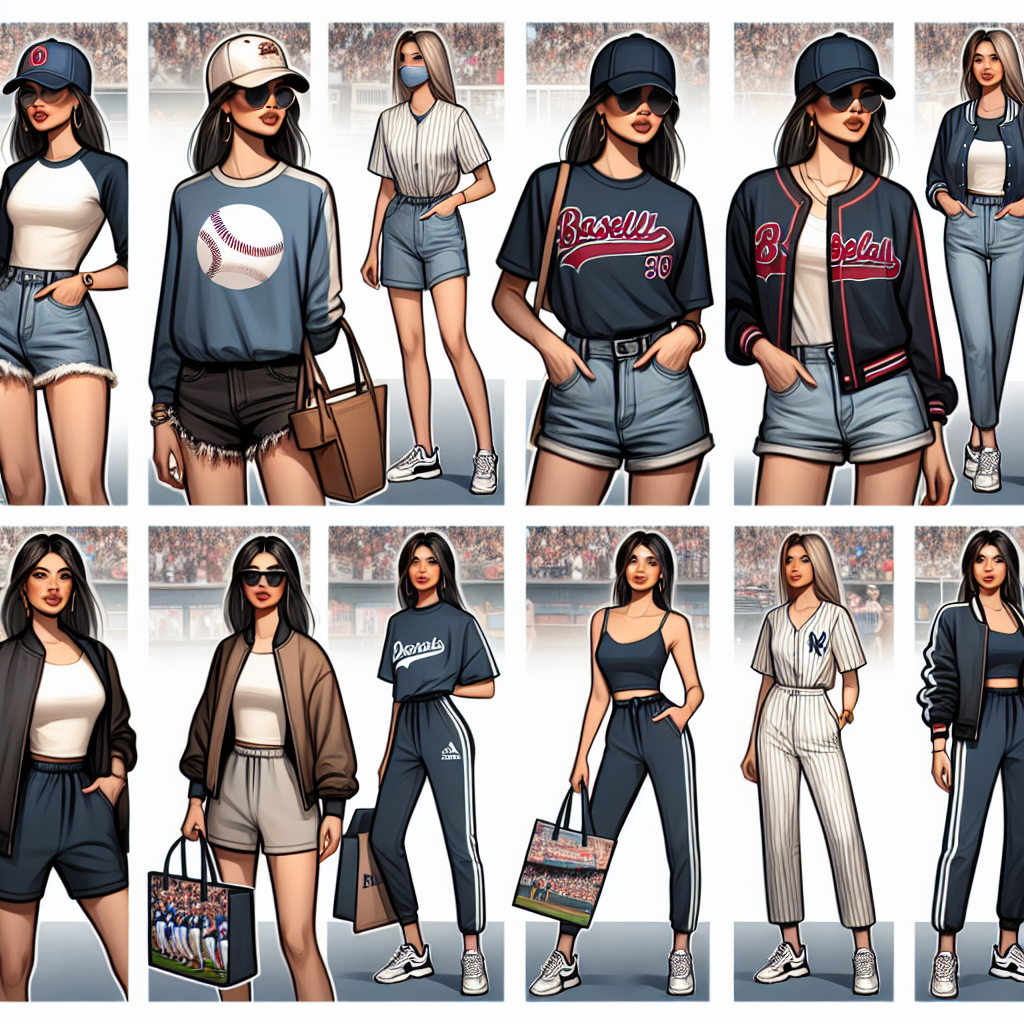 Visualize a variety of distinctive, stylish outfits intended for women attending baseball games. Imagine a collage of four different scenes. Scene one depicts a Hispanic woman donning a casual, sporty ensemble featuring a baseball cap, t-shirt, and denim shorts. Scene two shows a Caucasian woman in an athleisure look, complete with a trendy tracksuit and sneakers. Scene three presents an Asian woman clad in a stylish summer dress paired with a baseball-themed tote bag. The last scene portrays a Black woman rocking a smart-casual outfit, including well-fitted jeans, a team's jersey, and a sleek bomber jacket.