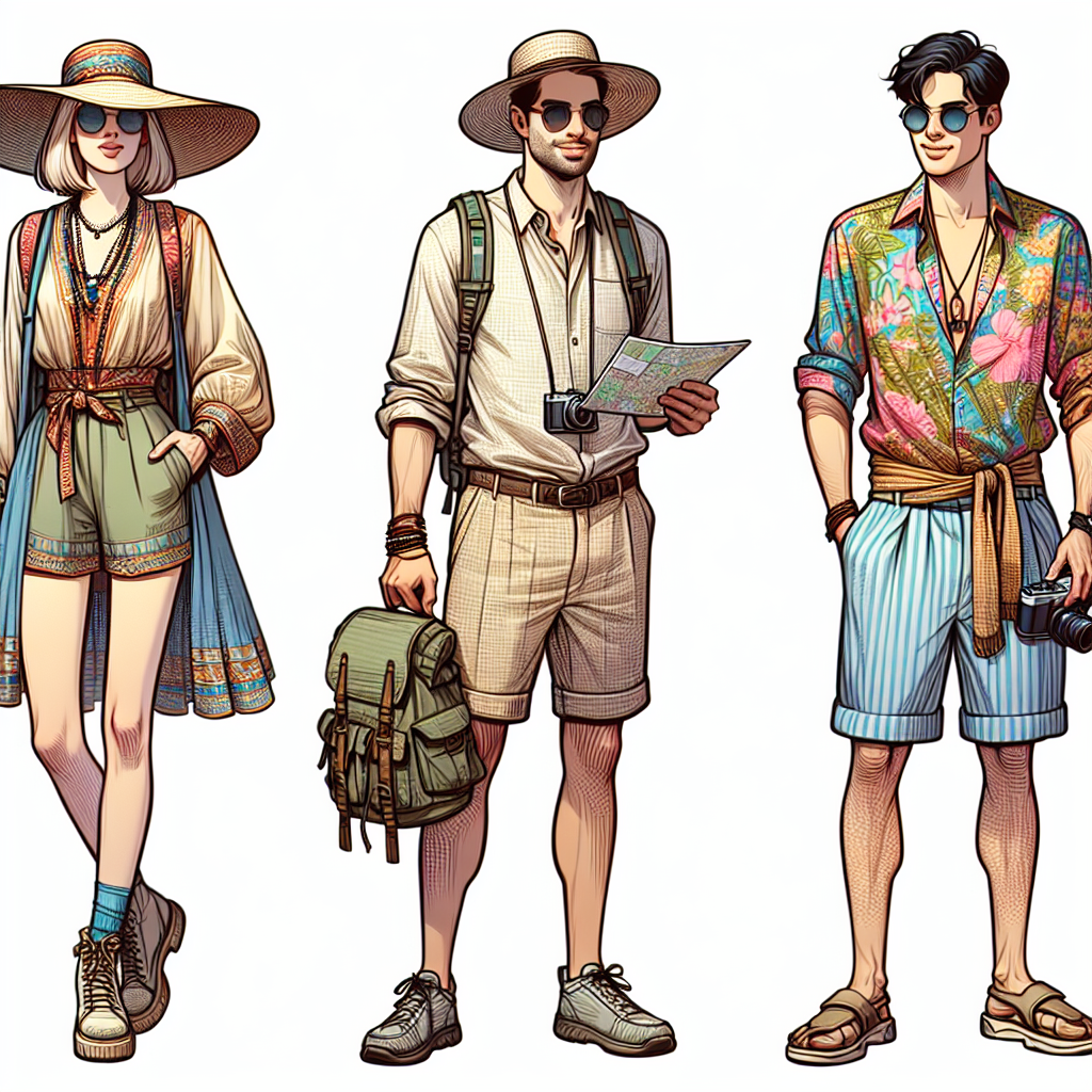 Illustration of three individuals with different descents &ndash; Caucasian, Middle Eastern, South Asian &ndash; respectively. They each possess a unique sense of style and are outfitted for an adventure in a tropical environment. The first one, a female, is wearing colorful, lightweight apparel, a wide-brimmed sunhat, and carrying a backpack. The second person, a male, is sporting a linen shirt, khaki shorts, and a pair of comfortable walking shoes. He's also wearing sunglasses and carrying a map. The third individual, also male, is dressed in an extravagant floral shirt, a pair of bermuda shorts, and casual slip-on shoes; he's holding a camera to capture the exciting moments of their adventure.