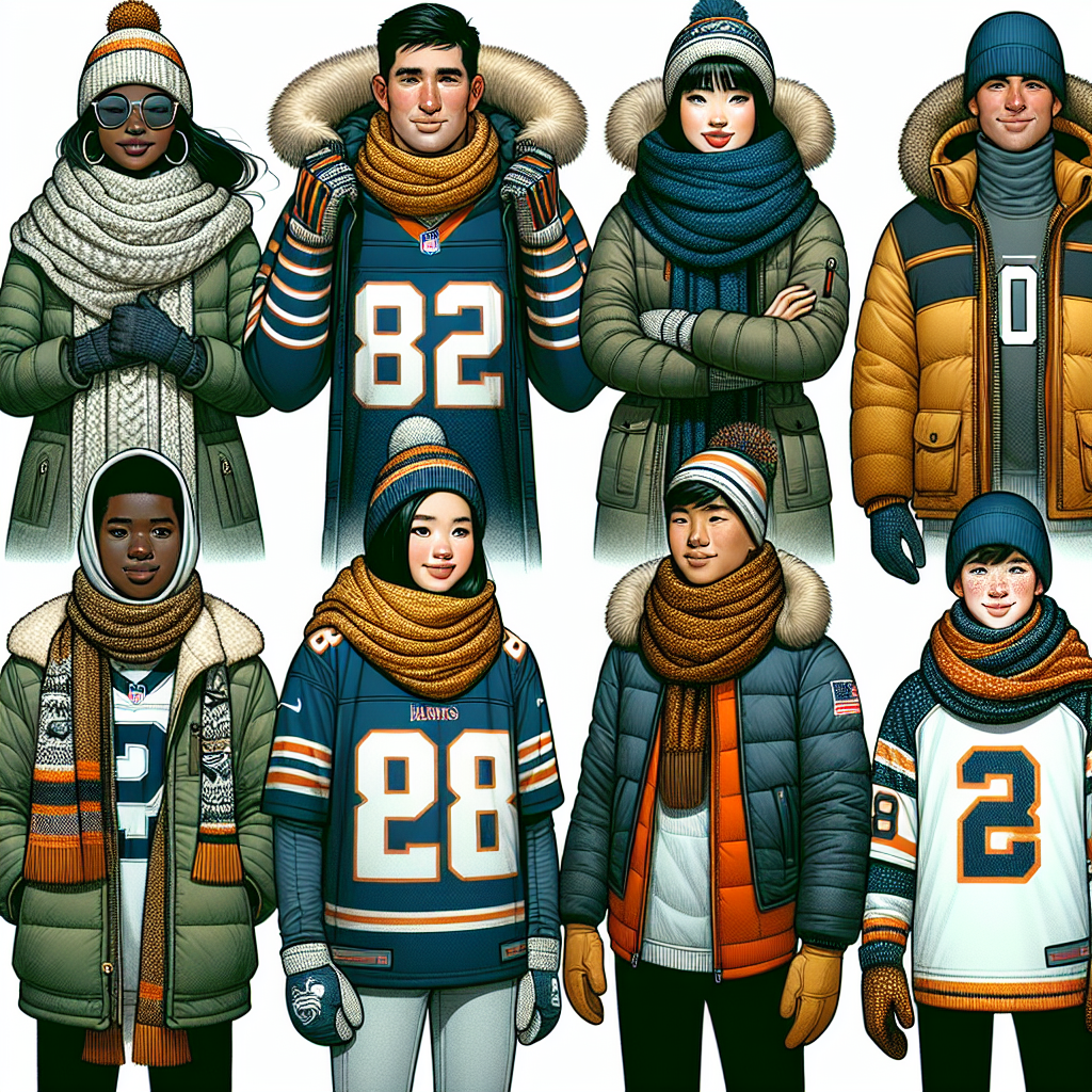 Must-Have Winter Outfits for Football Games! Create a detailed image representing a range of must-have winter outfits for attending football games. On one side, show an African woman bundled up in fashionable team-colored scarves, a mixed-race man wearing a heavy team-themed parka, and a Middle-Eastern kid in a jersey layered with a thermal shirt. On the other side, picture an Asian woman in a warm, team-colored beanie with matching mittens, a Caucasian man in a team-themed sweater layered over a turtleneck, and a Hispanic teenager in a stylish jacket proudly sporting his team's colors.